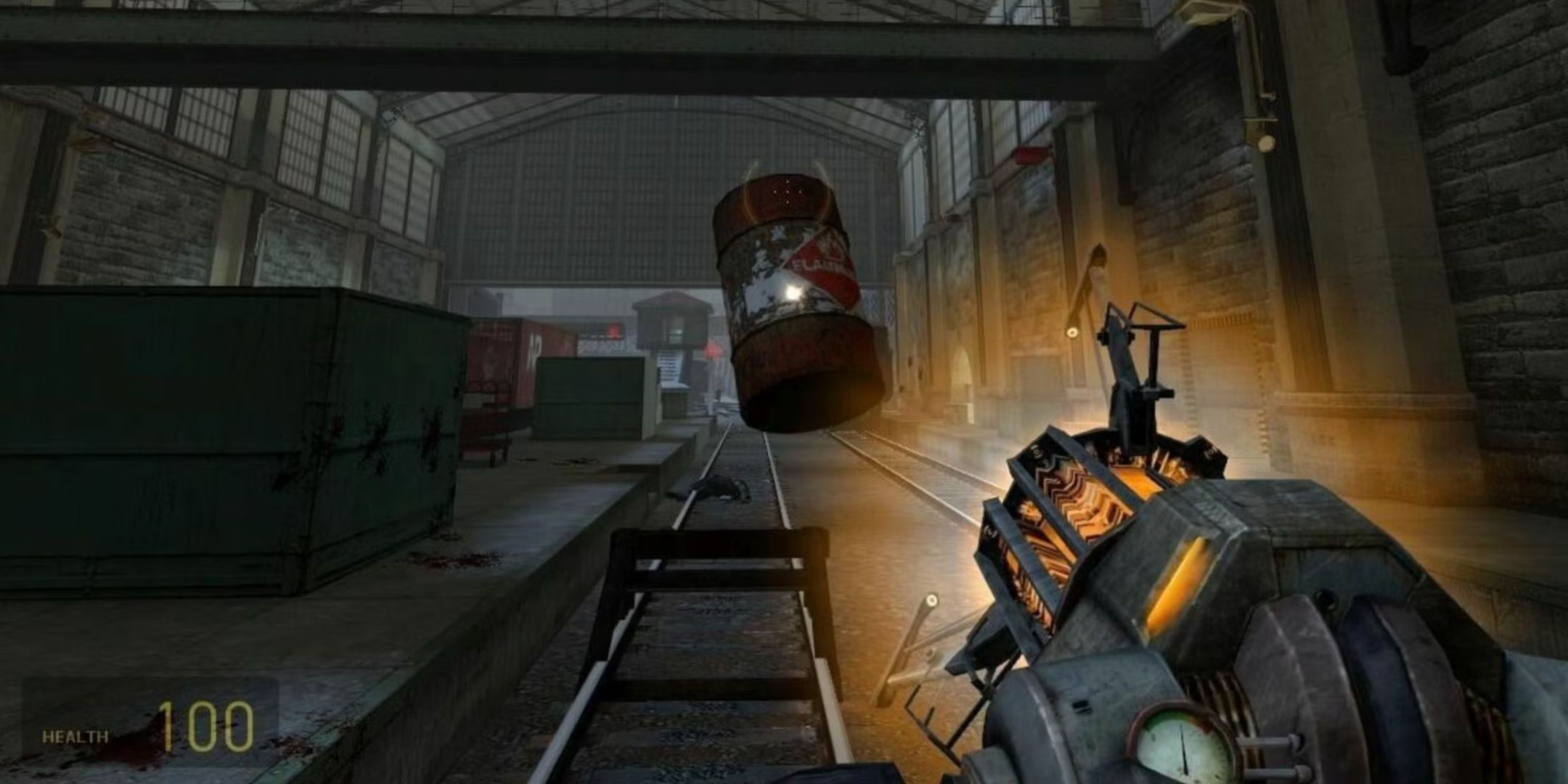 Pick up a red barrel with the Gravity Gun in Half-Life 2.