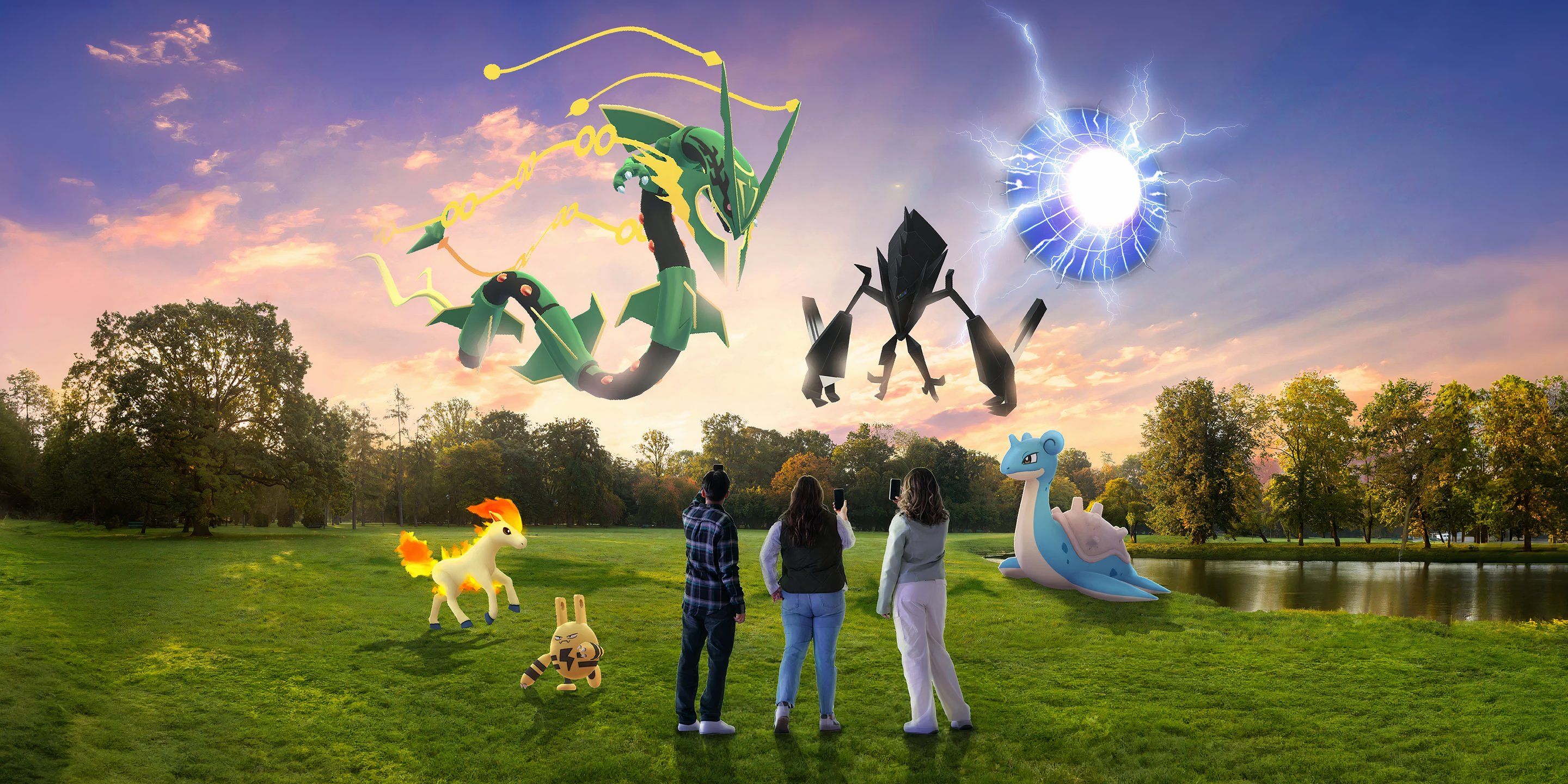 Image of three people with Ponyta, Elekid, Mega Rayquaza, Necrozma, and Lapras in front of them.