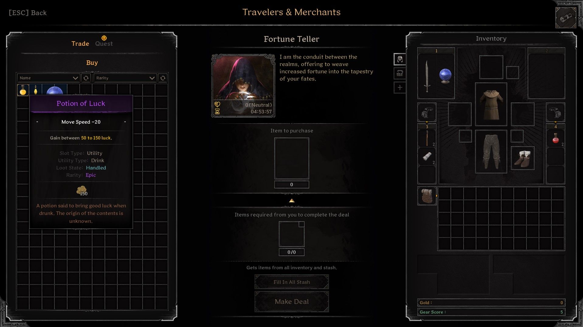 Buying potion of luck from Fortune Teller in Dark and Darker.