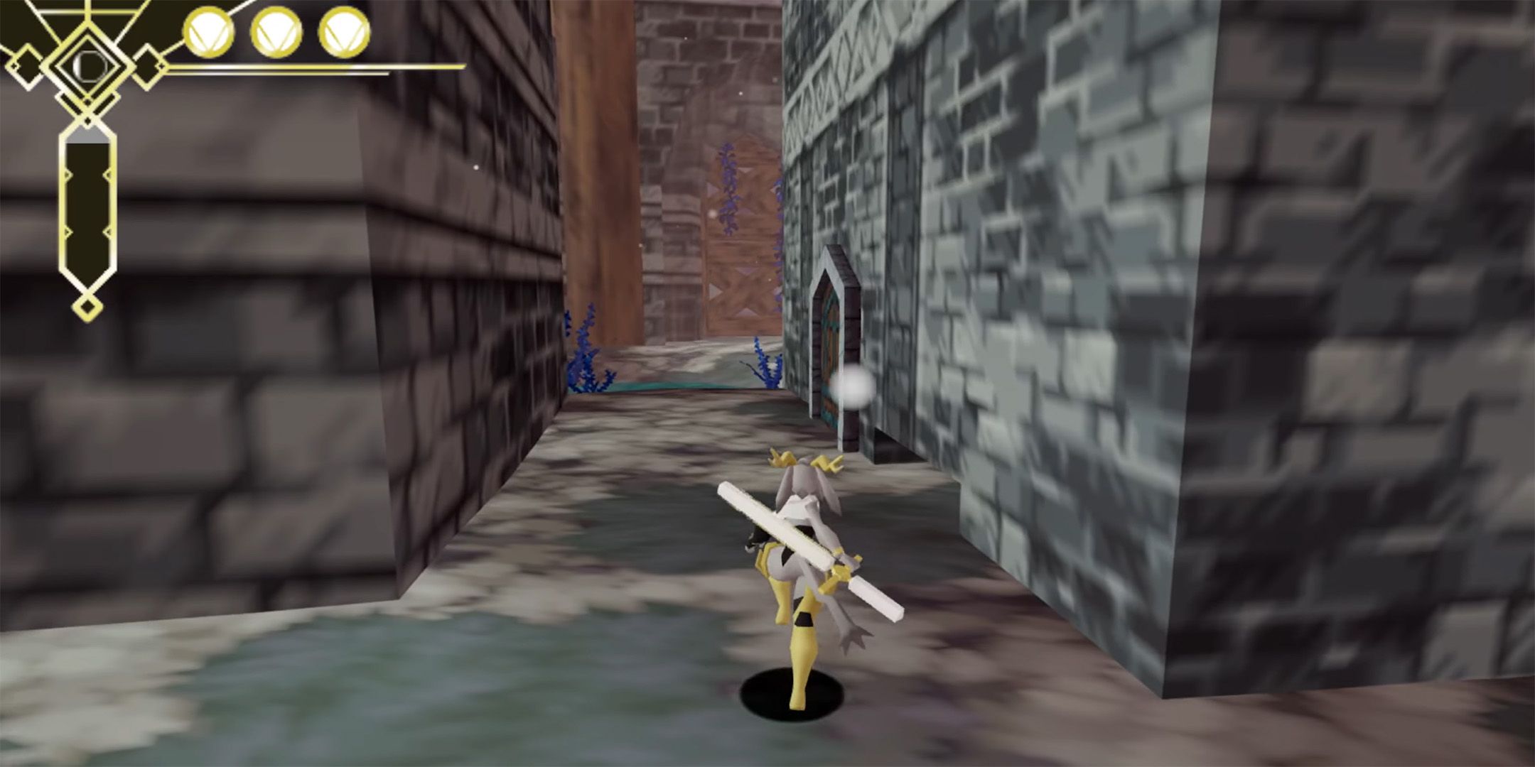 Sybil running through the castle's courtyard in Pseudoregalia