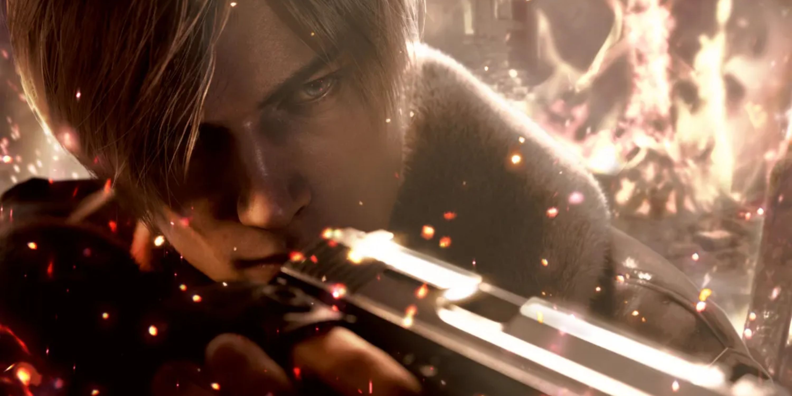 Leon Kennedy holds a gun close to his face as sparks fly by him.