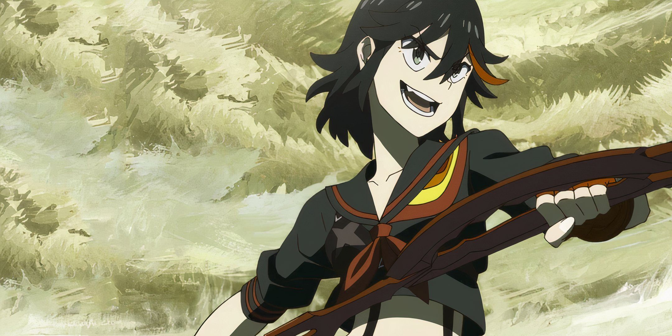 Ryūko Mato weidling her scissor blade and wearing Senketsu.