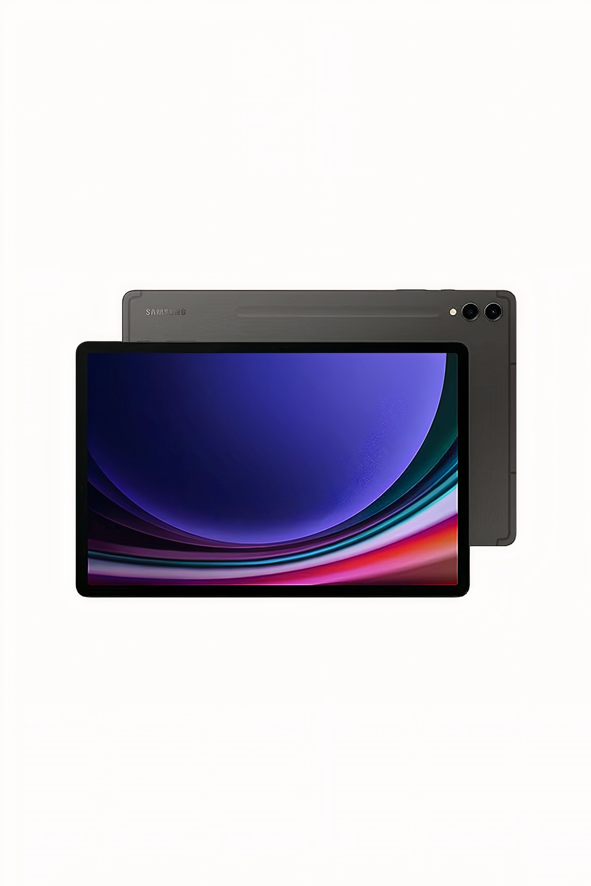 A front and back view of a Samsung Galaxy Tab S9+ tablet in ‎Graphite, showcasing a colorful screensaver on the front and a sleek design on the back.