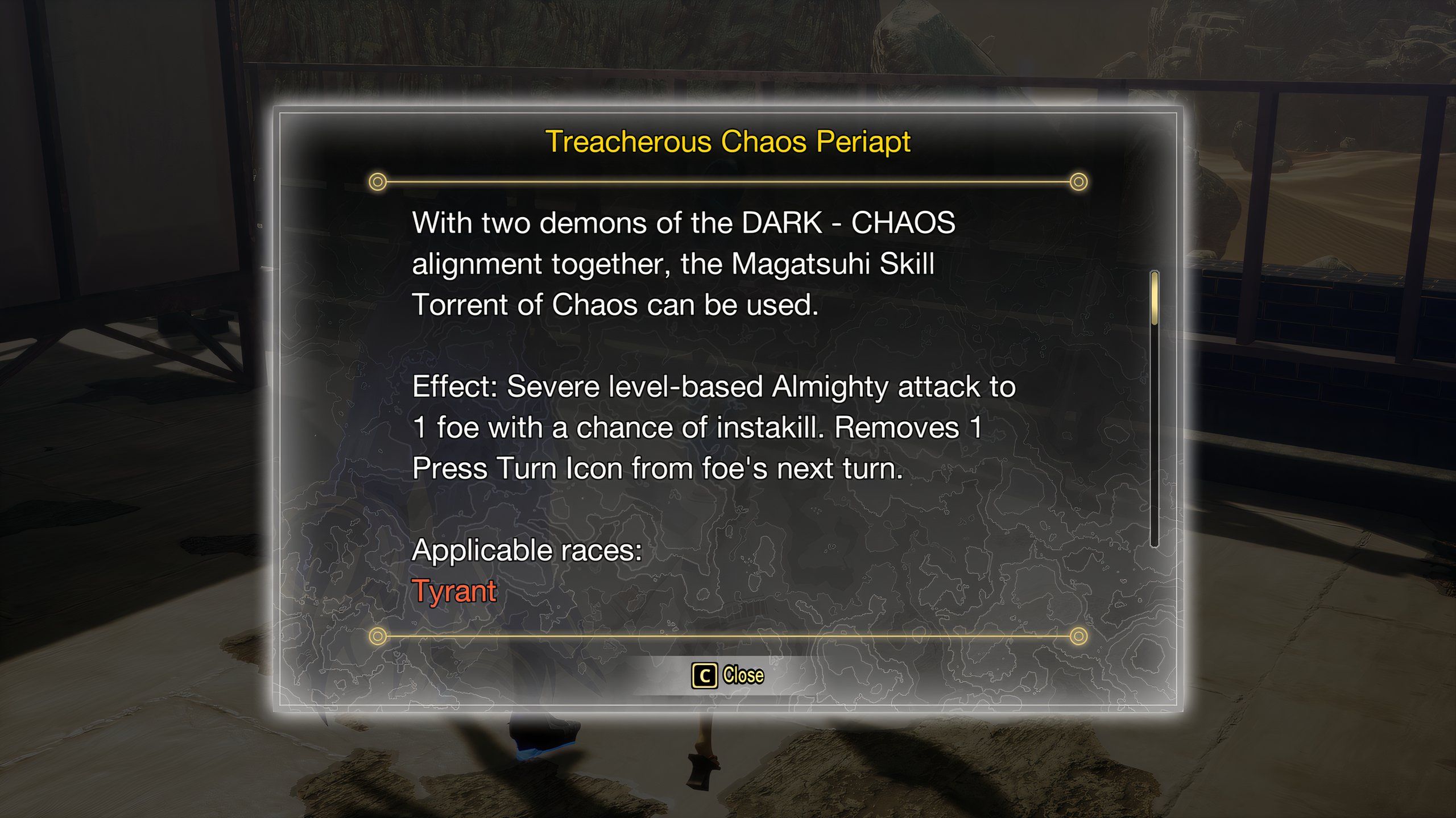 صفحه‌ای که در مورد پریاپت آشوب خائنانه در Shin Megami Tensei 5: Vengeance توضیح می‌دهد.