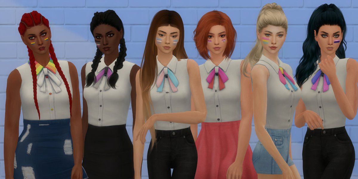 A row of Sims wearing different variations of a custom LGBTQ pride themed blouse in The Sims 4