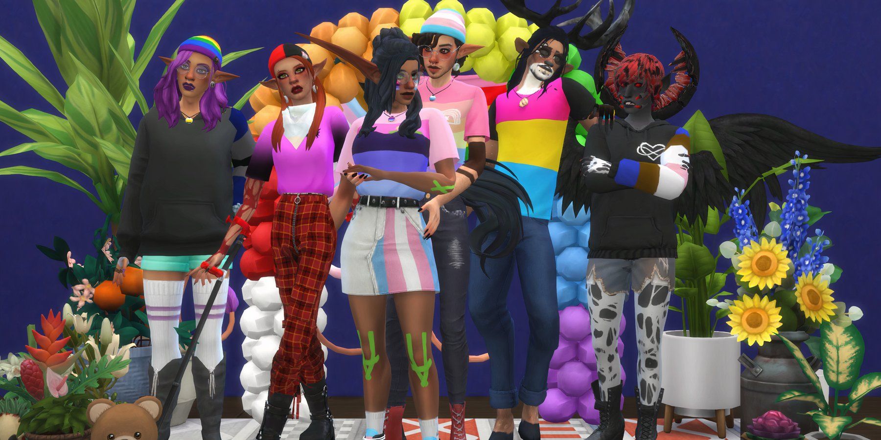 An assortment of different Sims in The Sims 4 wearing custom pride themed clothing, standing in front of a colorful backdrop