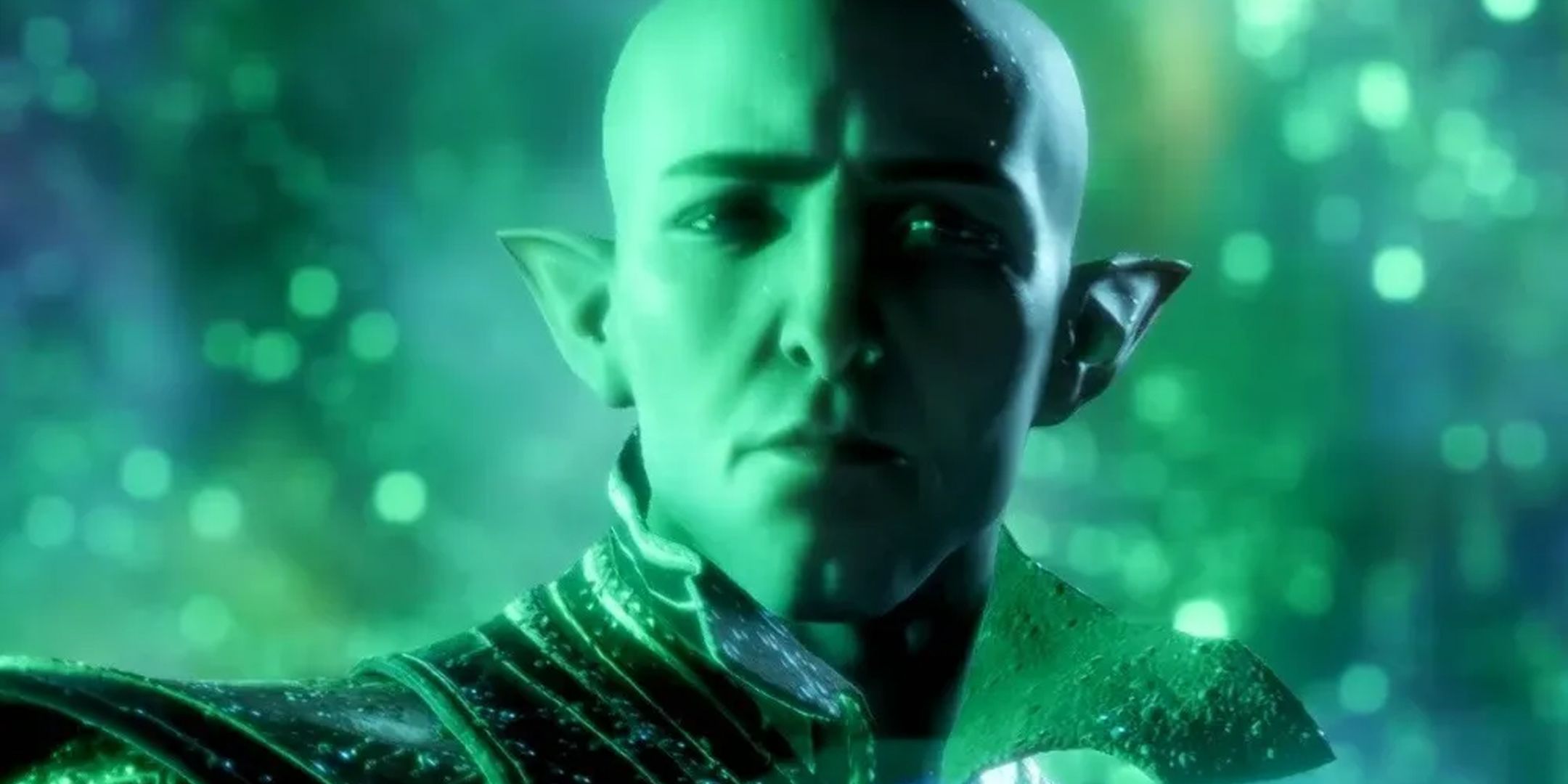 Solas in Dragon Age The Veilguard lit up green while staring past the camera