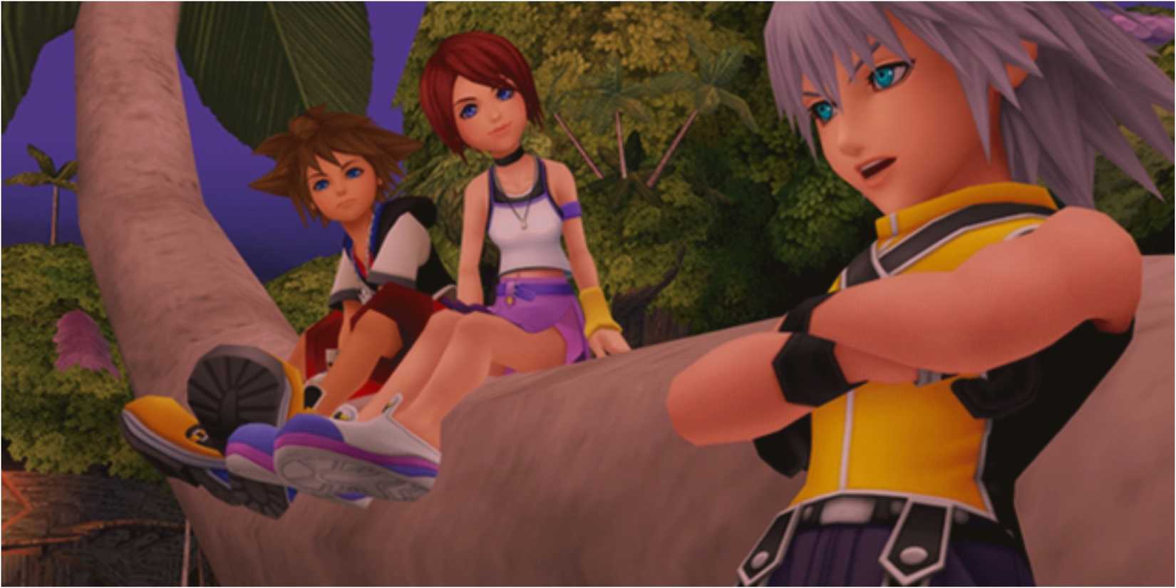 Sora, Kairi and Riku in Kingdom Hearts on Destiny Islands.