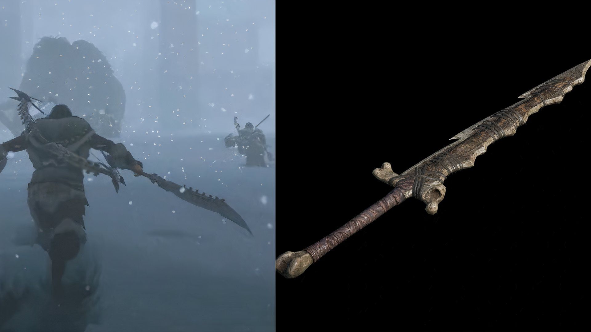 Soulmask Bone great sword weapon on the right of split image 