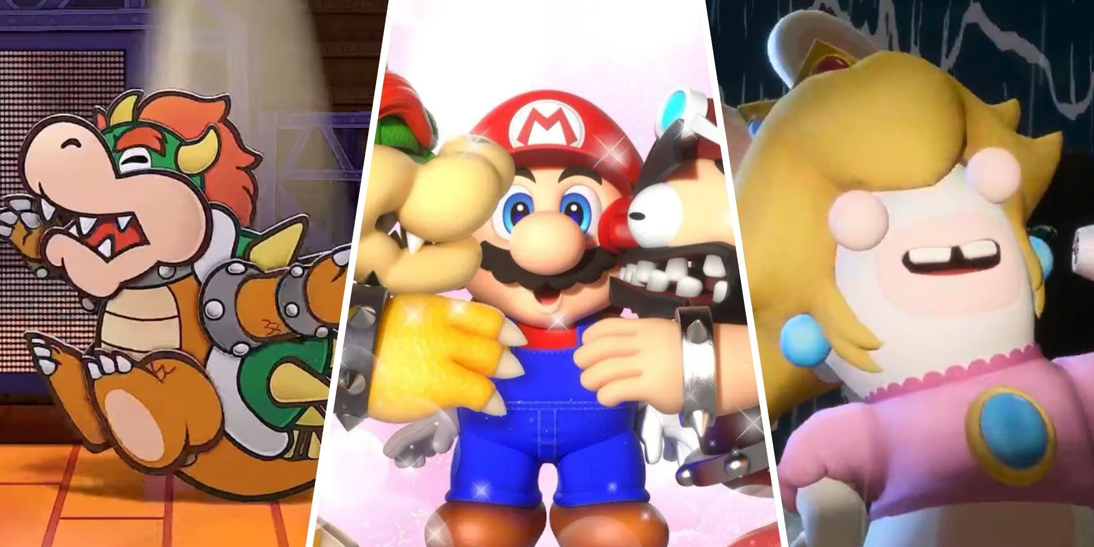 Split image of Bowser from Paper Mario The Thousand Year Door Bowser and Booster kissing Mario in Super Mario RPG and Rabbid Peach from Mario Rabbids Sparks of Hope