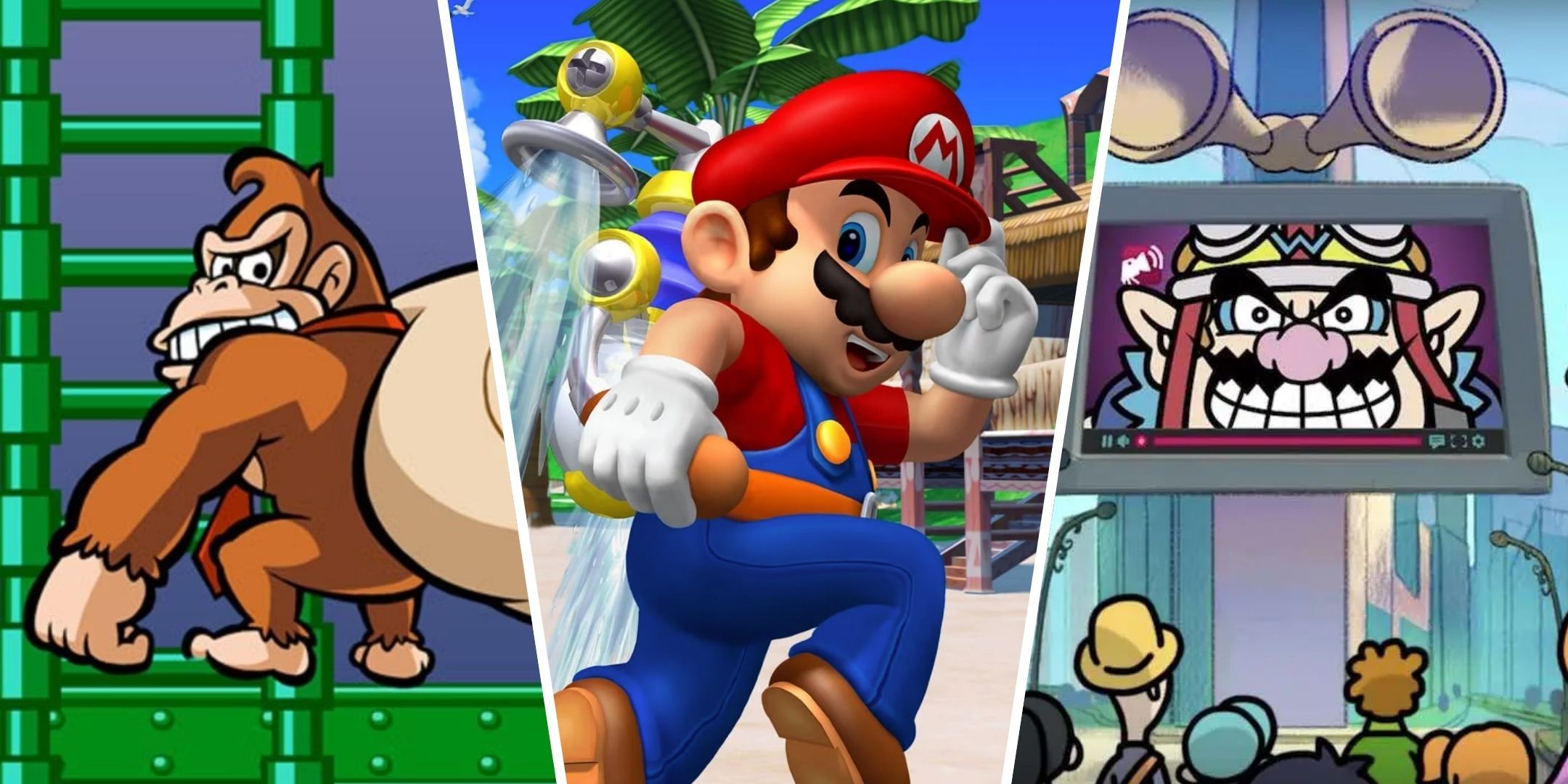 Split image of Donkey Kong holding a sack Mario with FLUDD from Super Mario Sunshine and Wario from WarioWare Gold