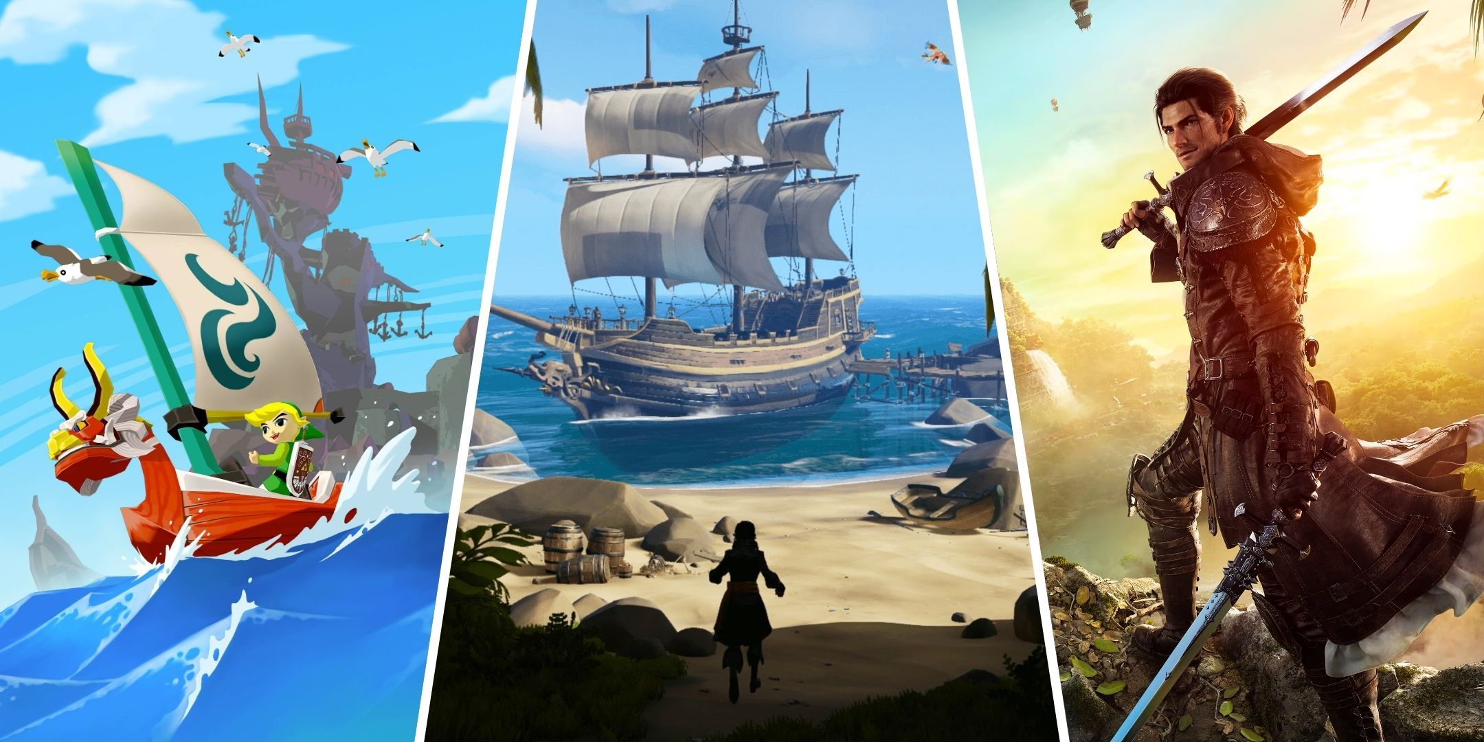 Split image of promo art from The Legend of Zelda the Wind Waker Sea of Thieves and Final Fantasy 14 Dawntrail