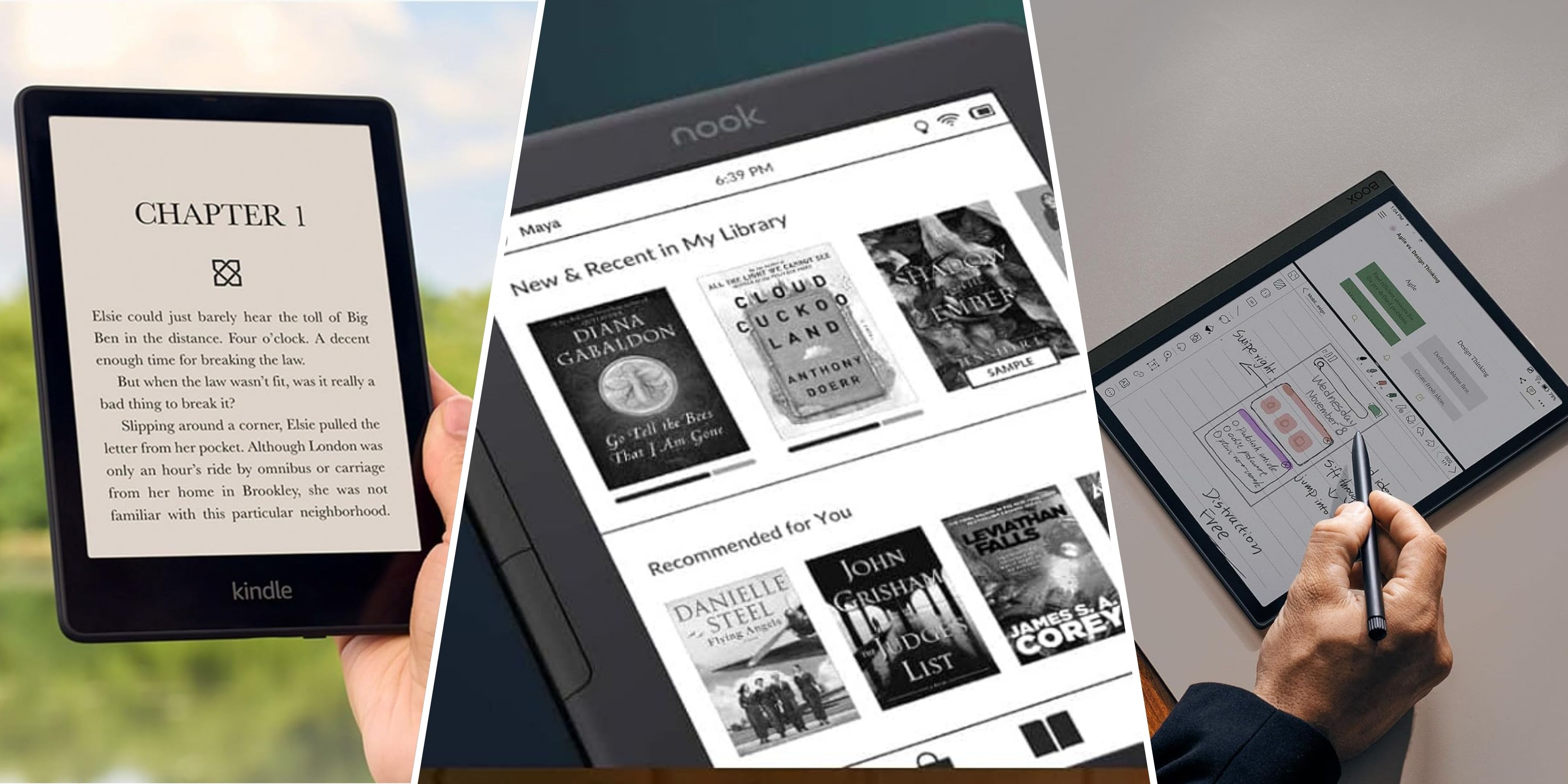 shared image of the e-readers Kindle, Nook and Boox