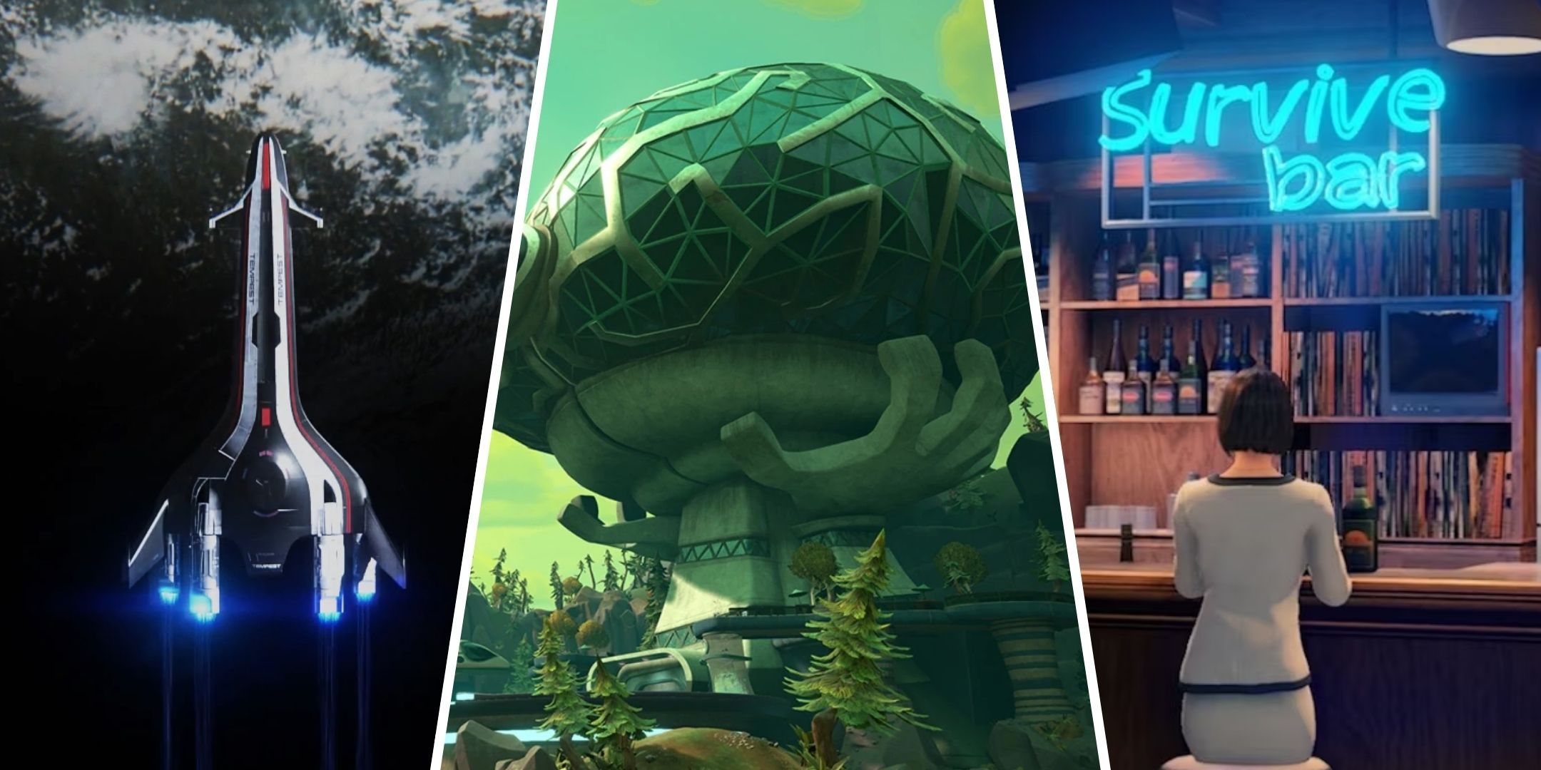 Split image of the Tempest ship from Mass Effect Andromeda the Motherlobe from Psychonauts 2 and Saeko sitting at Survive Bar in Yakuza Like a Dragon