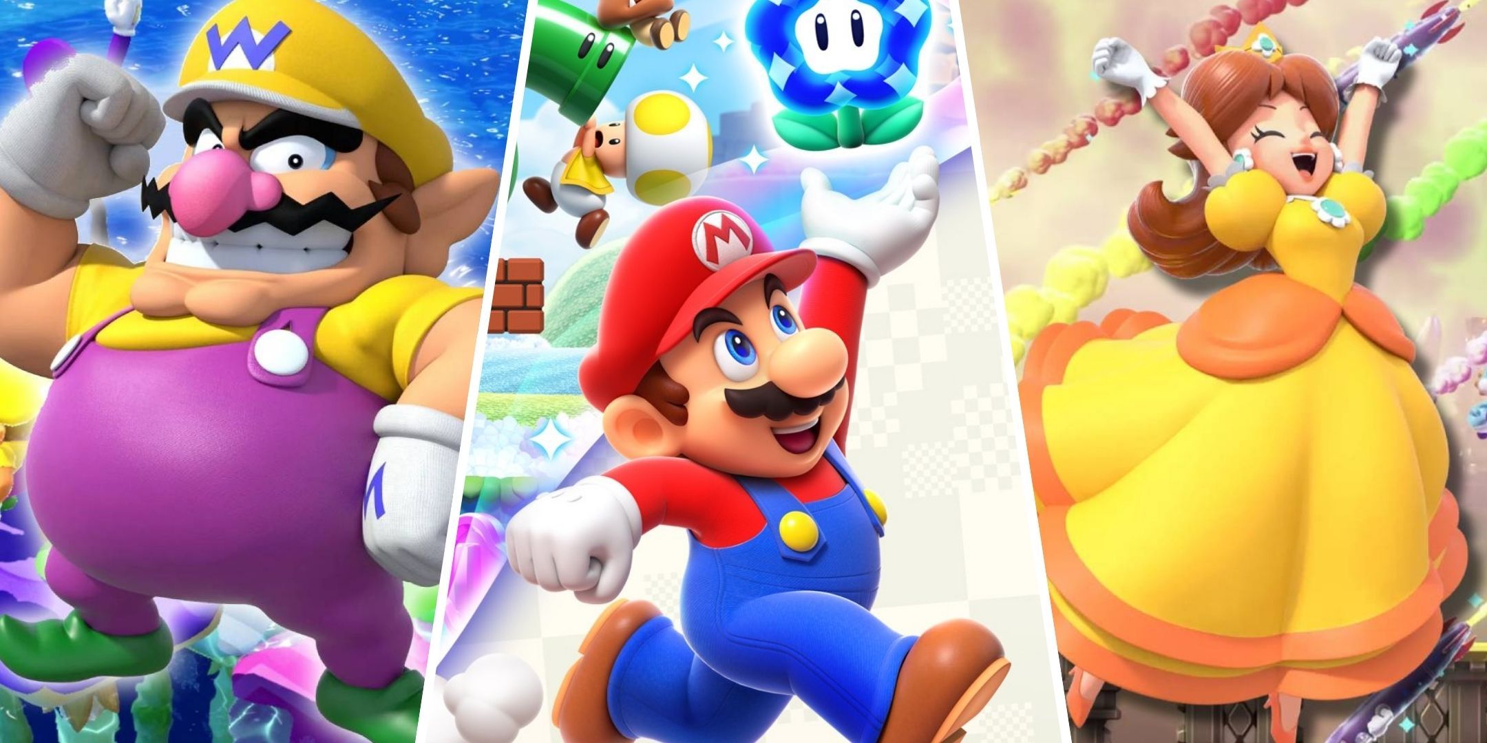 Split image of Wario Mario and Princess Daisy