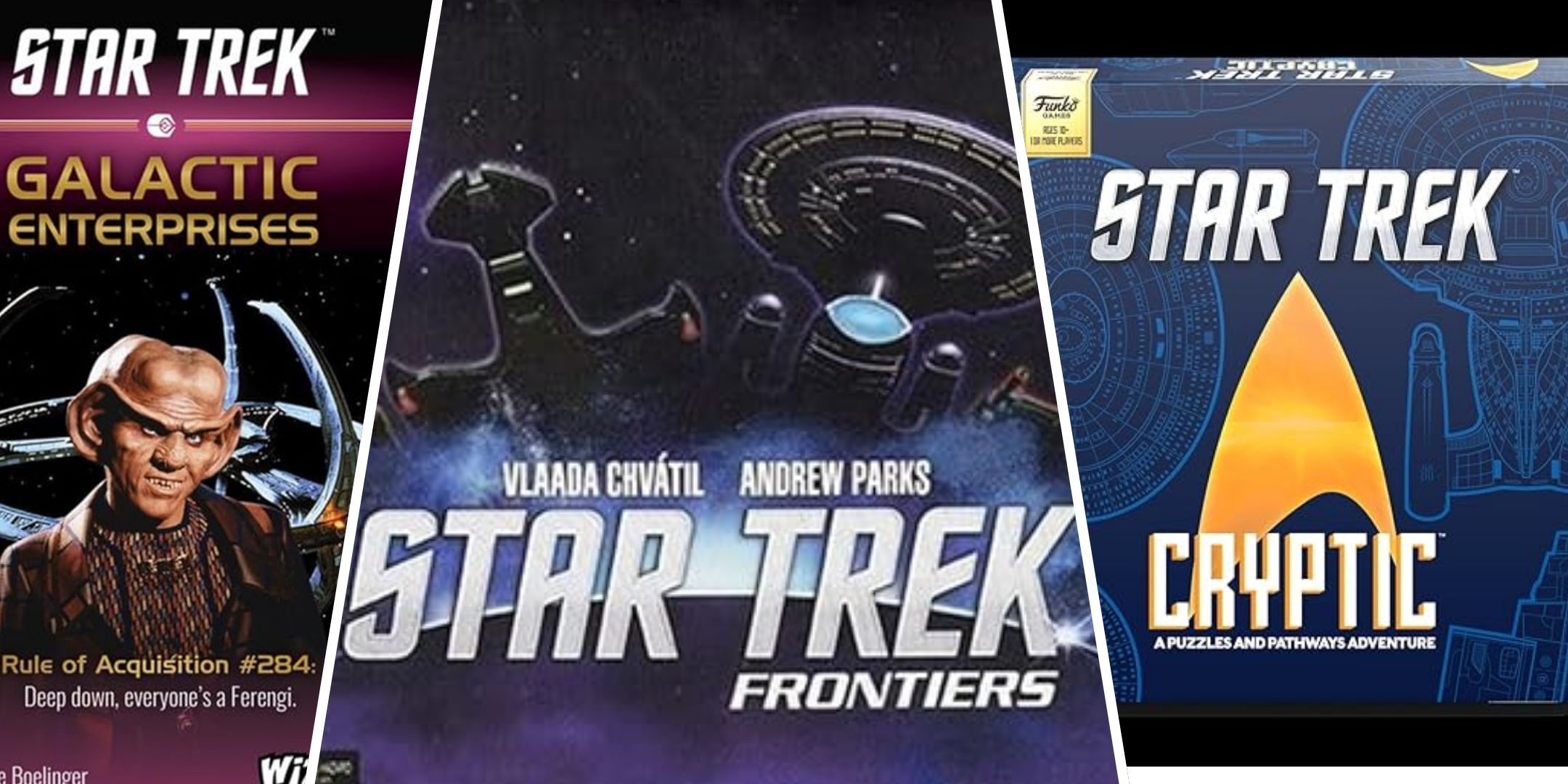 A split image of the Star Trek board games Star Trek Cryptic, Star Trek - Galactic Enterprises, and Star Trek Frontiers