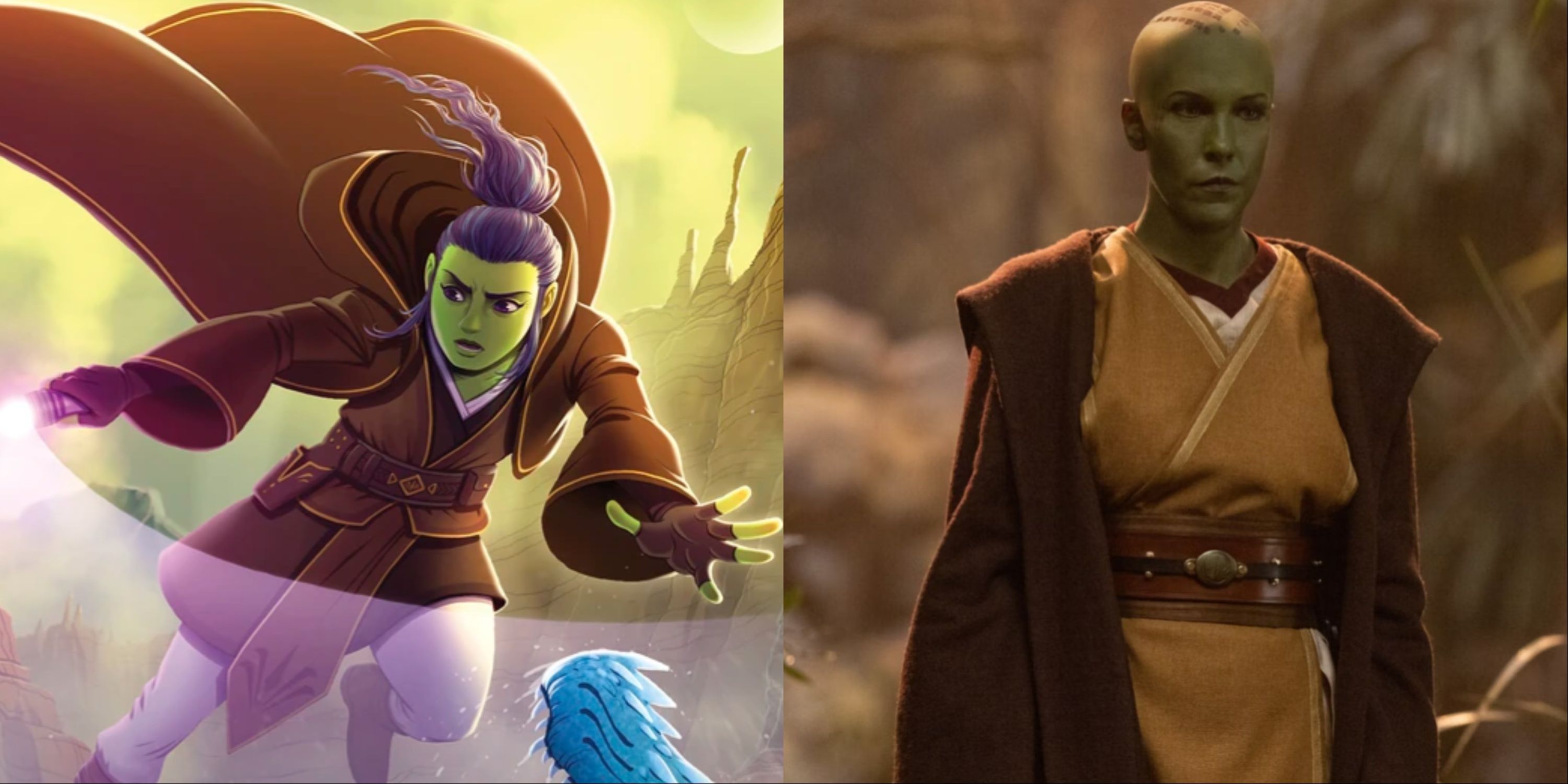 Star Wars Split-Image Of Vernestra Rwoh Swinging A Purple Lightsaber On The Cover Of The High Republic  Mission To Disaster And In The Live-Action Show The Acolyte