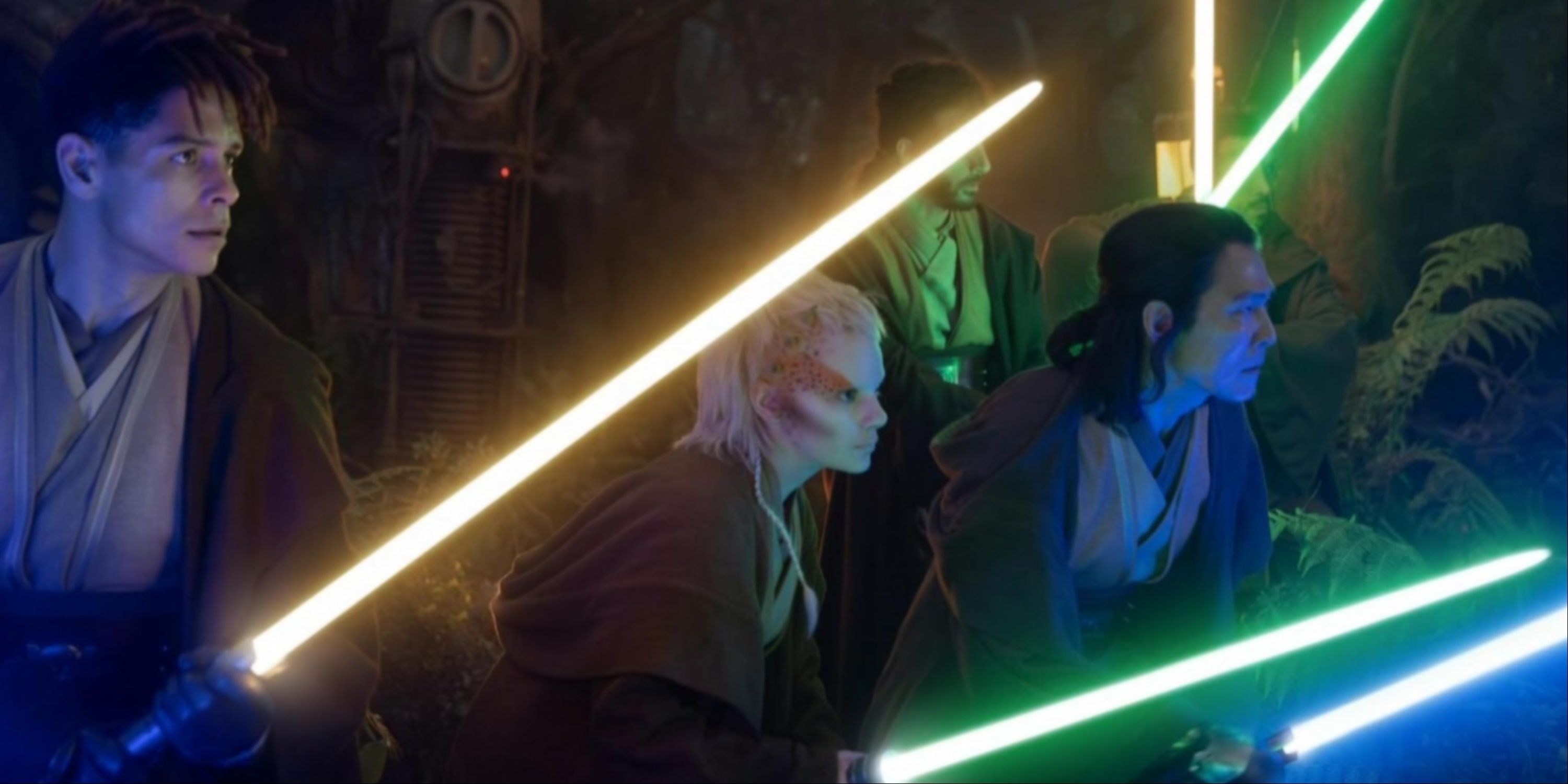 Sol And The Other Jedi With Their Lightsabers Drawn Prepared To Attack in Star Wars: The Acolyte.