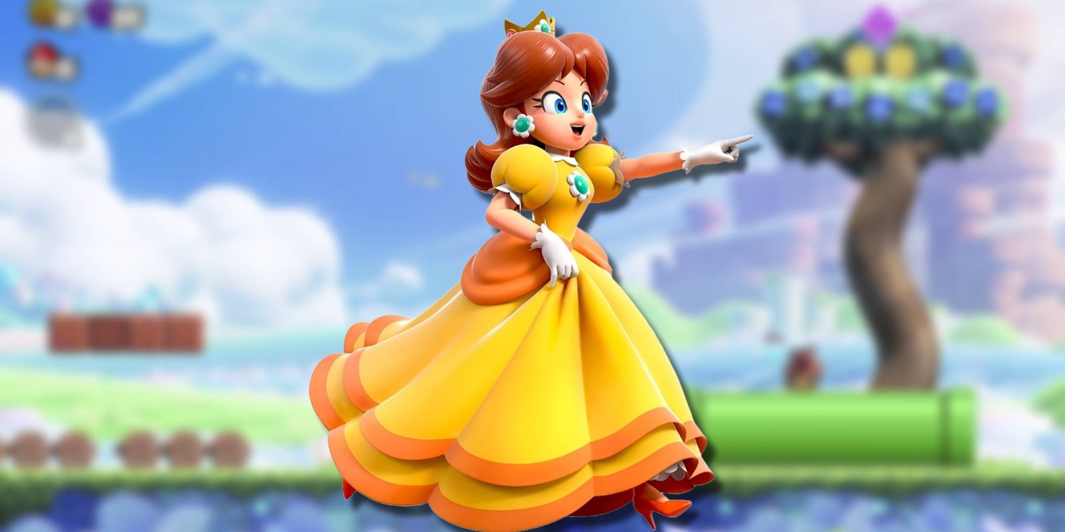 Super Mario Bros Wonder - Princess Daisy over a screen from the game