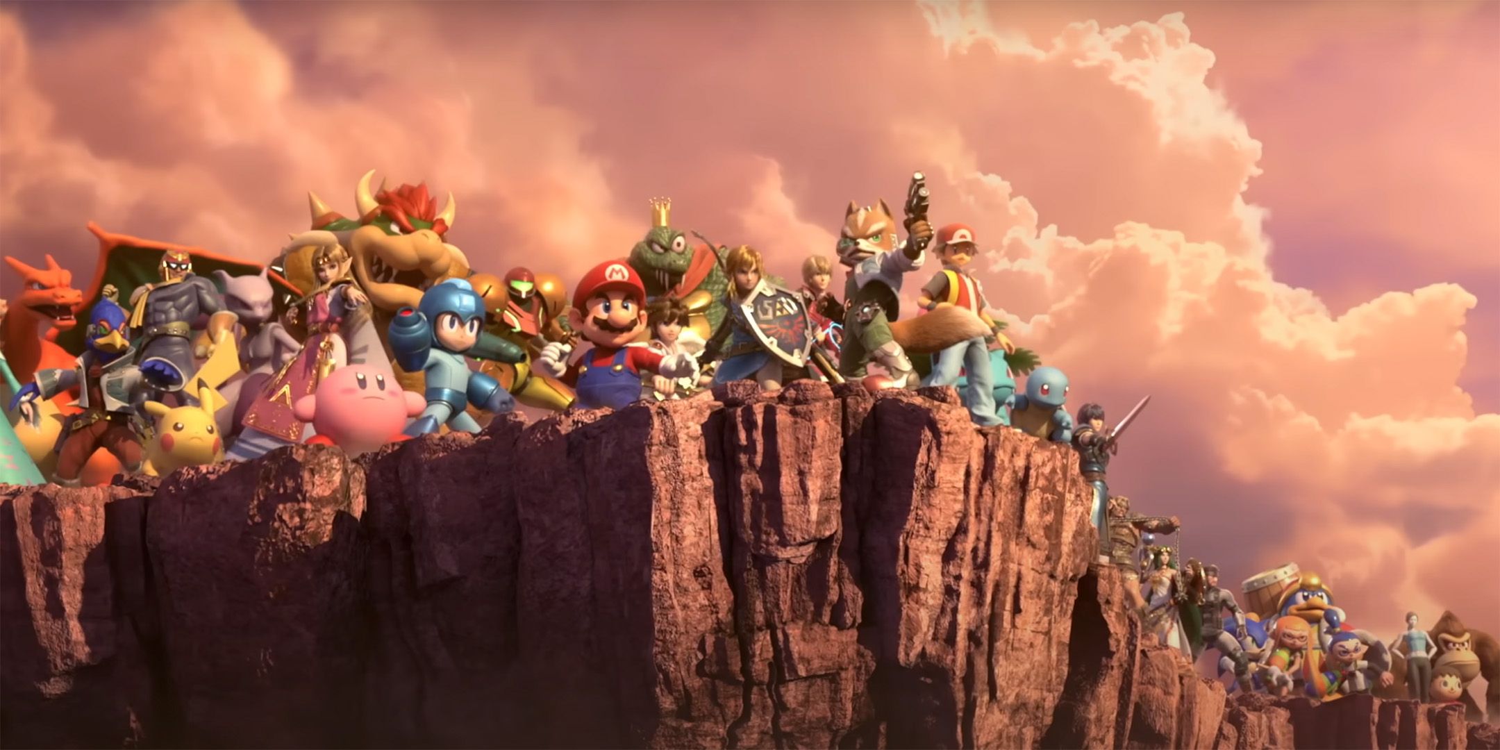 The fighters standing on a cliff top in Super Smash Bros. Ultimate