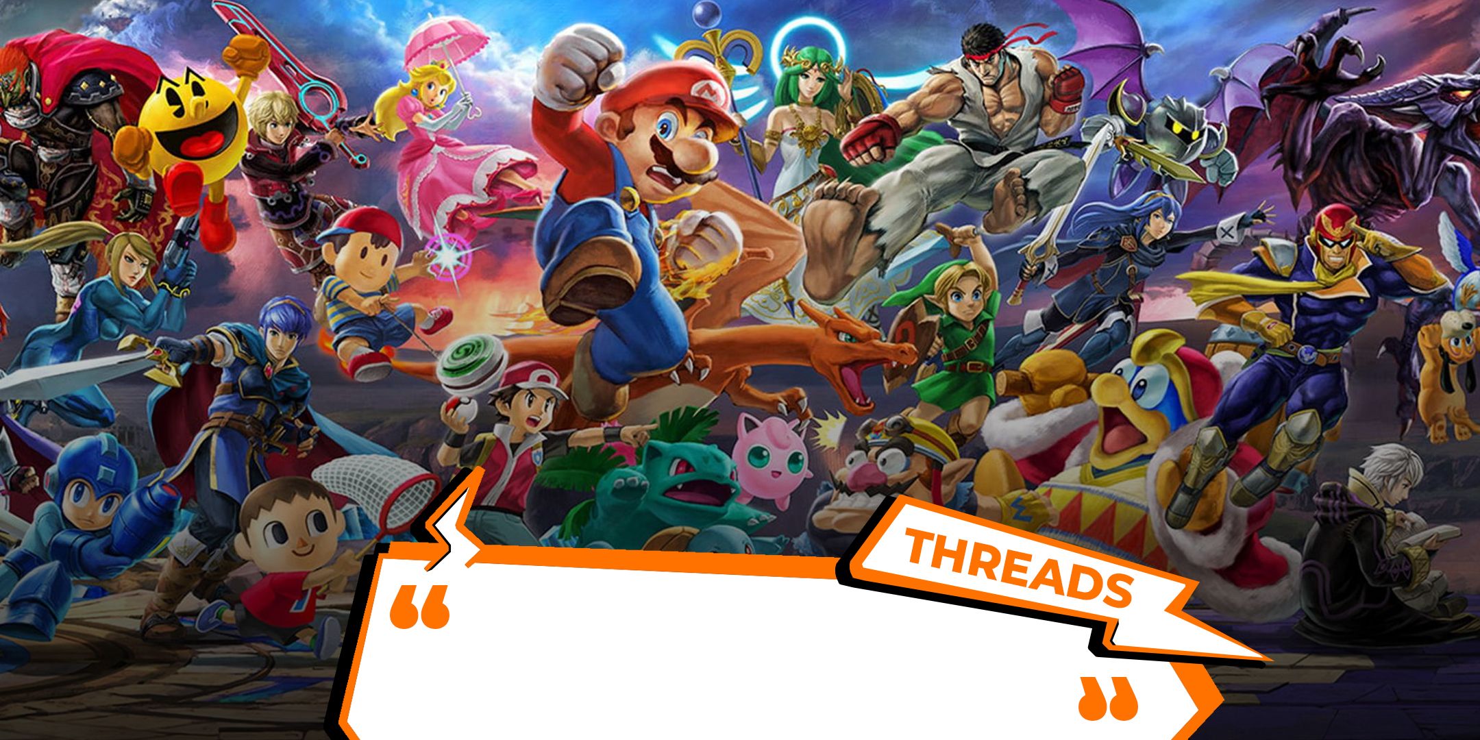 The Super Smash Bros roster key artwork of lots of characters with the threads logo overlaid on top.