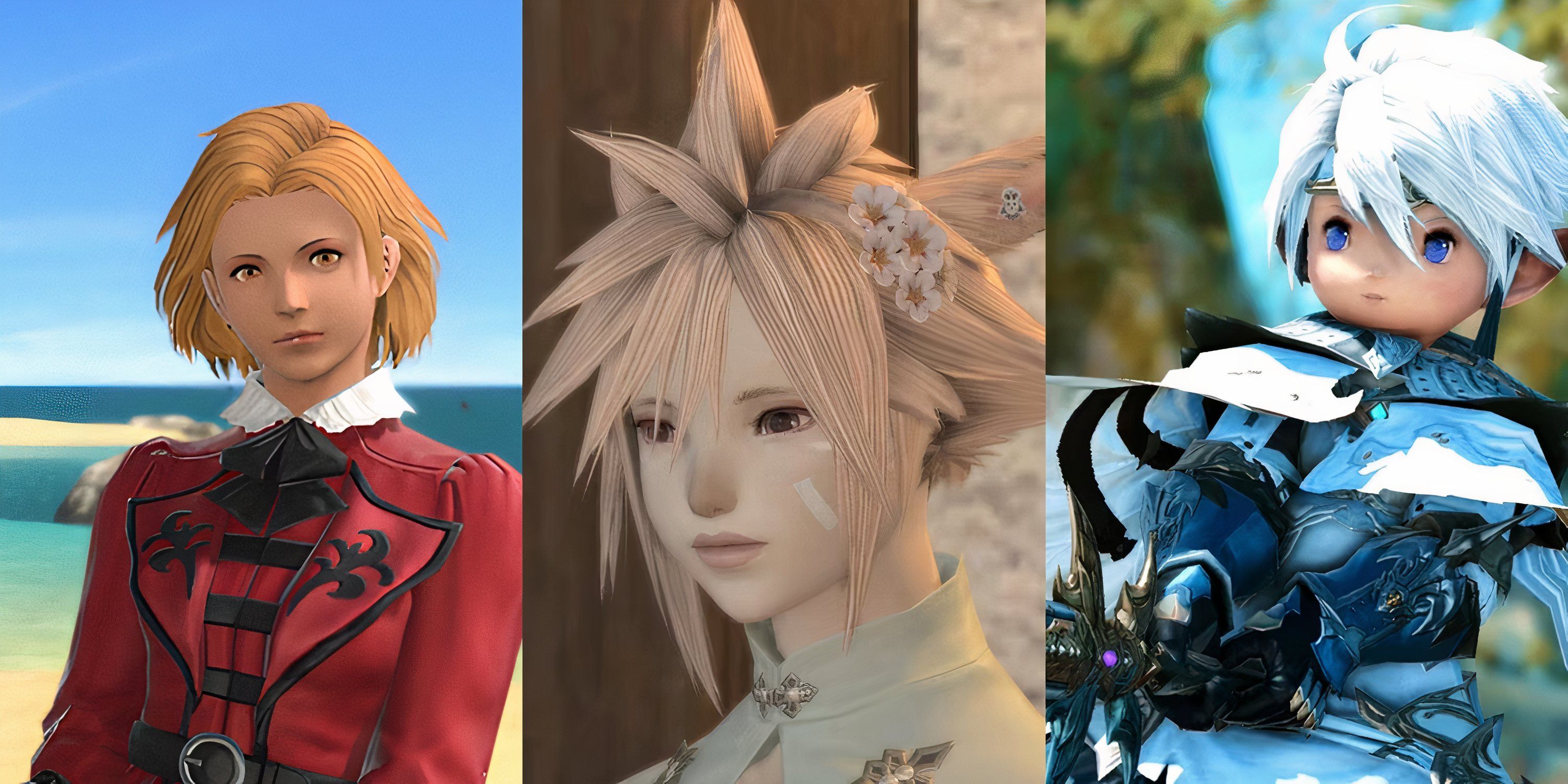 Three characters with different hairstyles in Final Fantasy 14