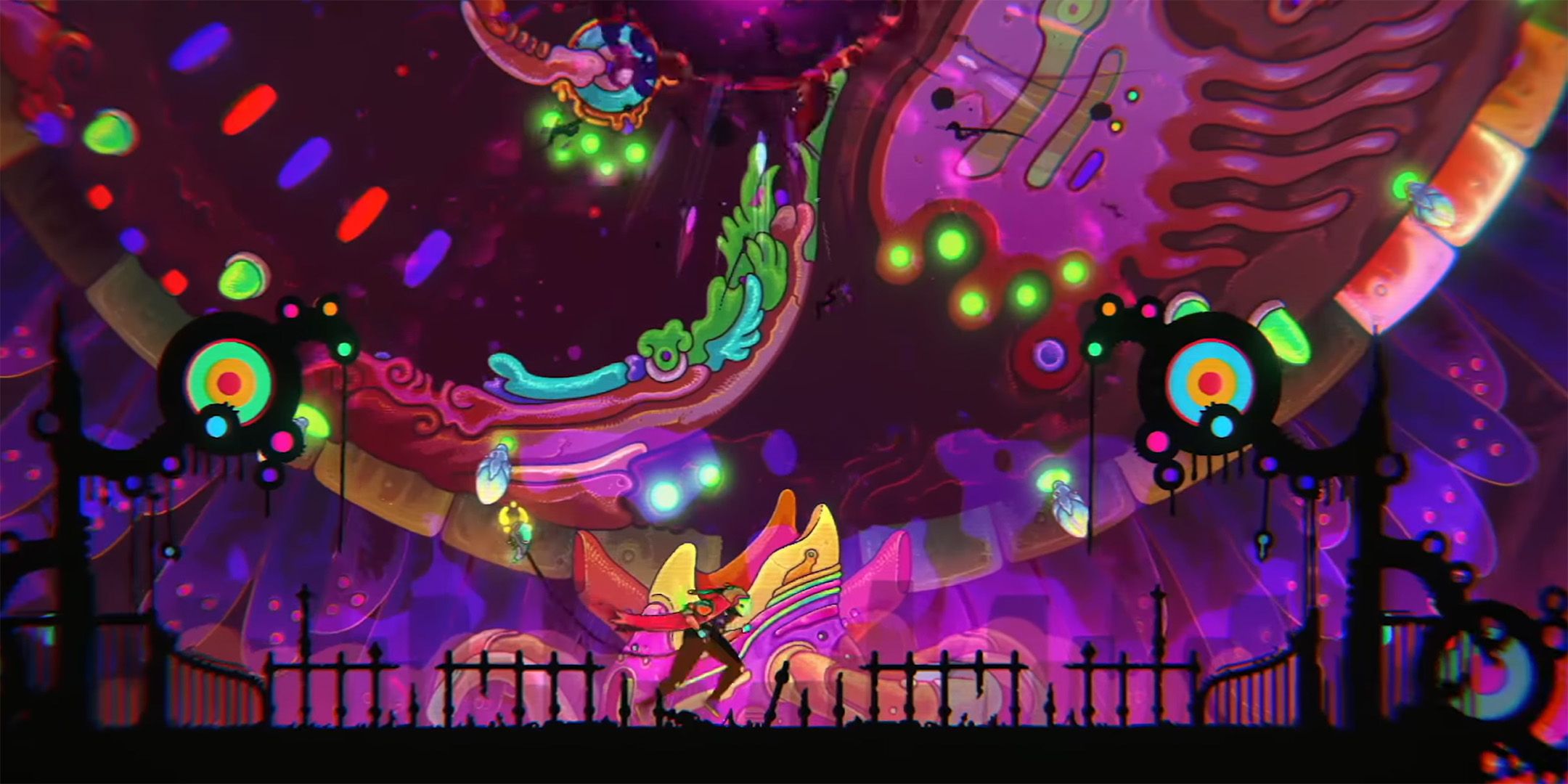 The player sxploring the Sarcophagus in Ultros which has vibrant patterns in the background.