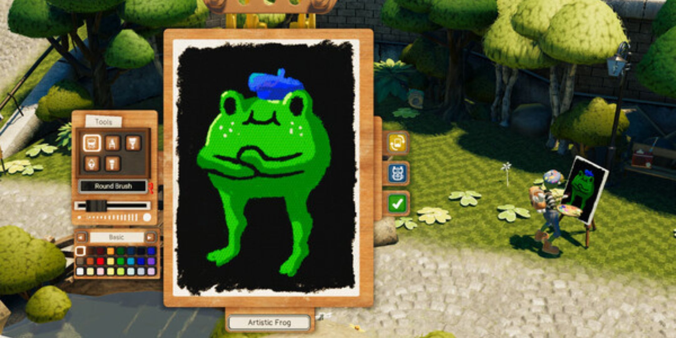 A happy frog with a beret is painted on the left hand side of the screen. The right shows the world you inhabit