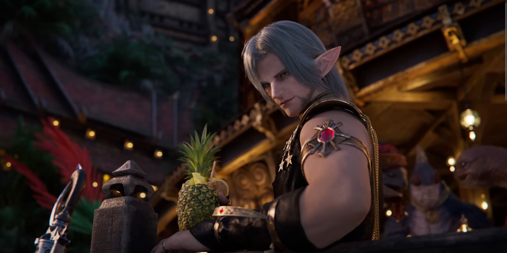 Urianger sitting on a balcony with a pineapple in his hand in Dawntrail