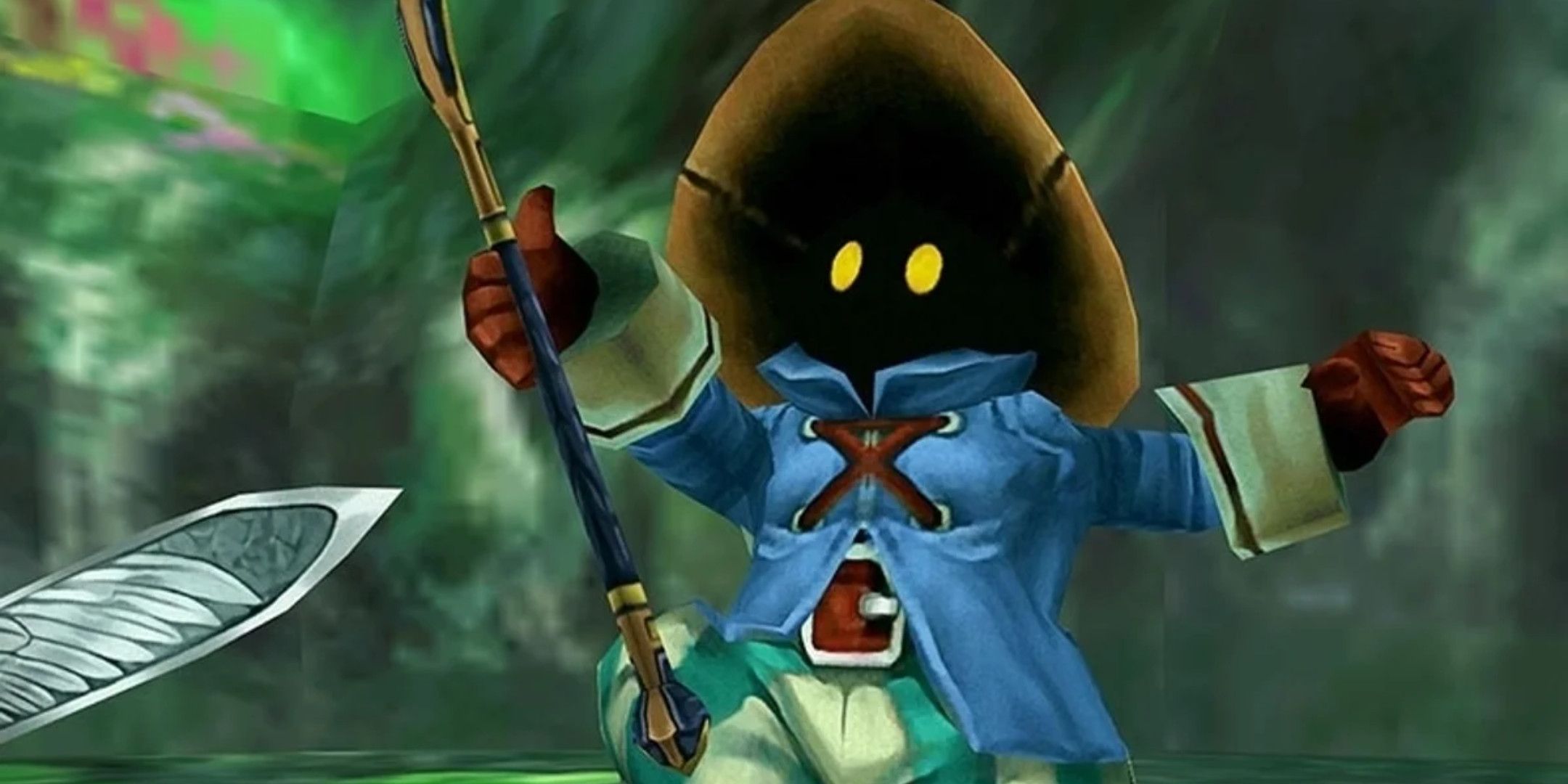 Vivi with his staff raised in Final Fantasy 9