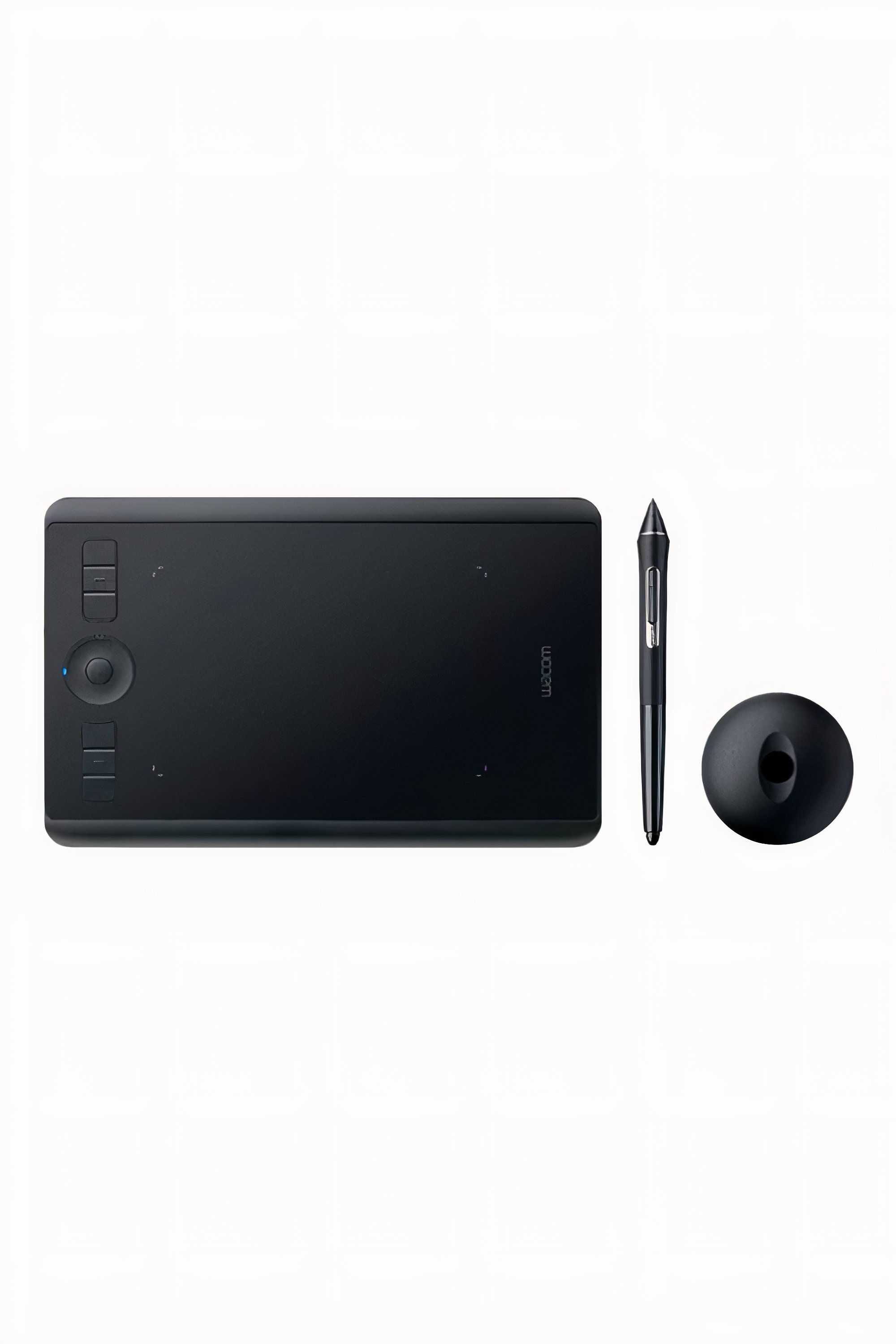 Wacom Intuos Pro Small drawing tablet with a stylus and pen stand.