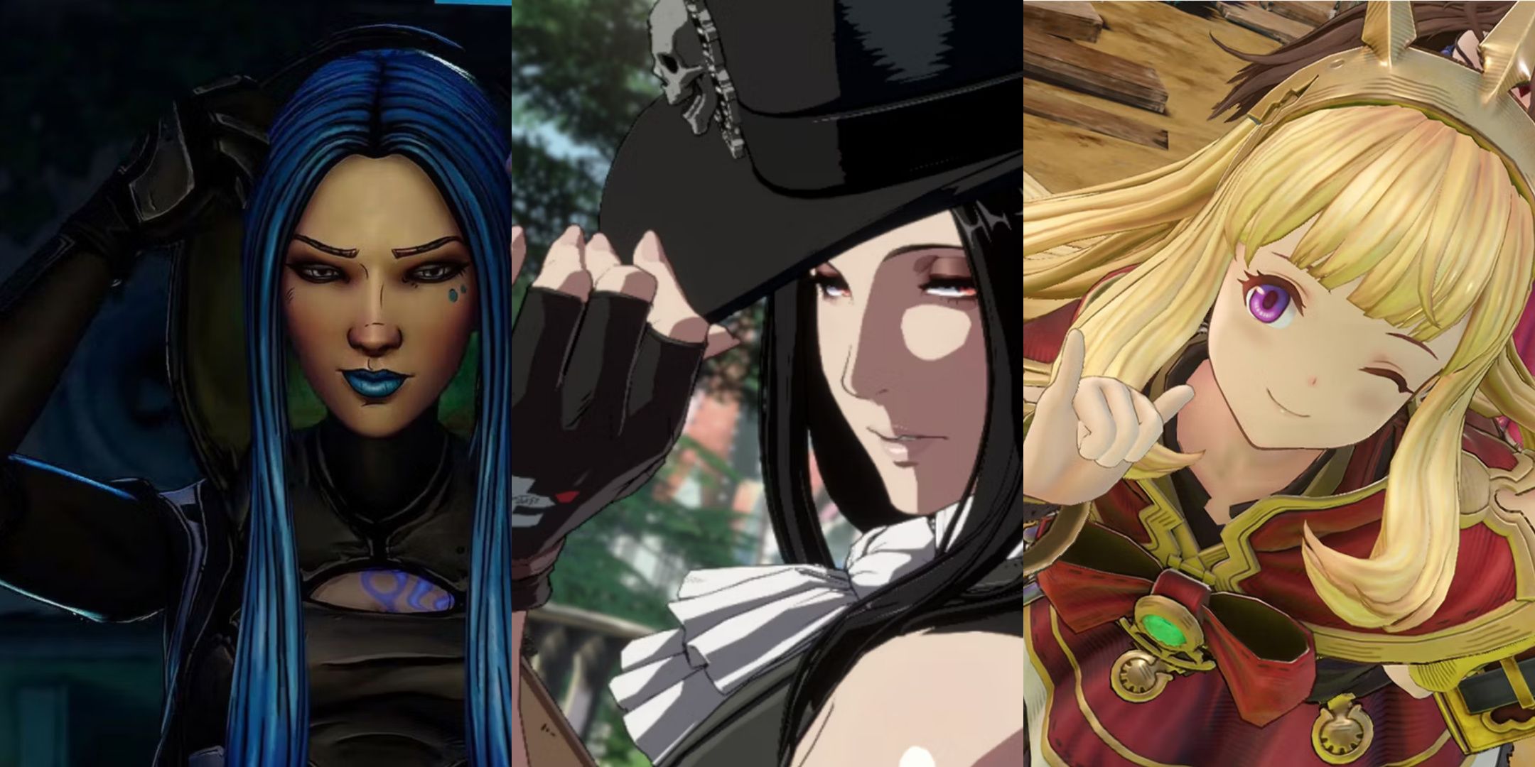 Left to right: Maya in Borderlands 3, Testament in Guilty Gear Strive, and Cagliostro in Granblue Versus