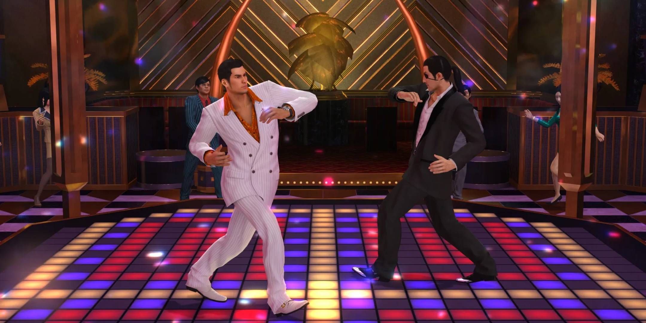 A screenshot of Goro Majima and Kazuma Kiryu dancing at a night club in Yakuza 0.