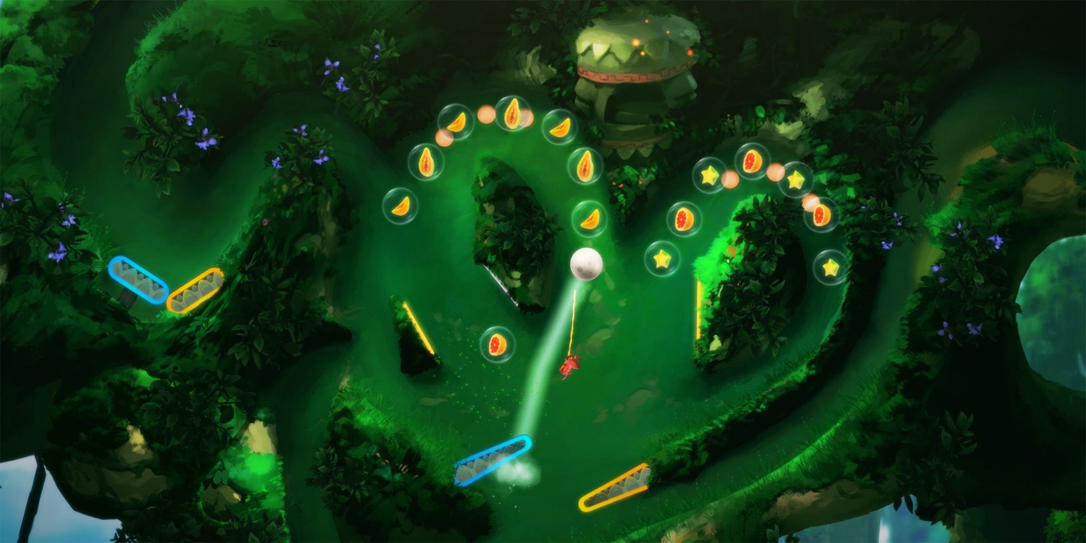 Yoku pinballing through a jungle in Yoku's Island Express