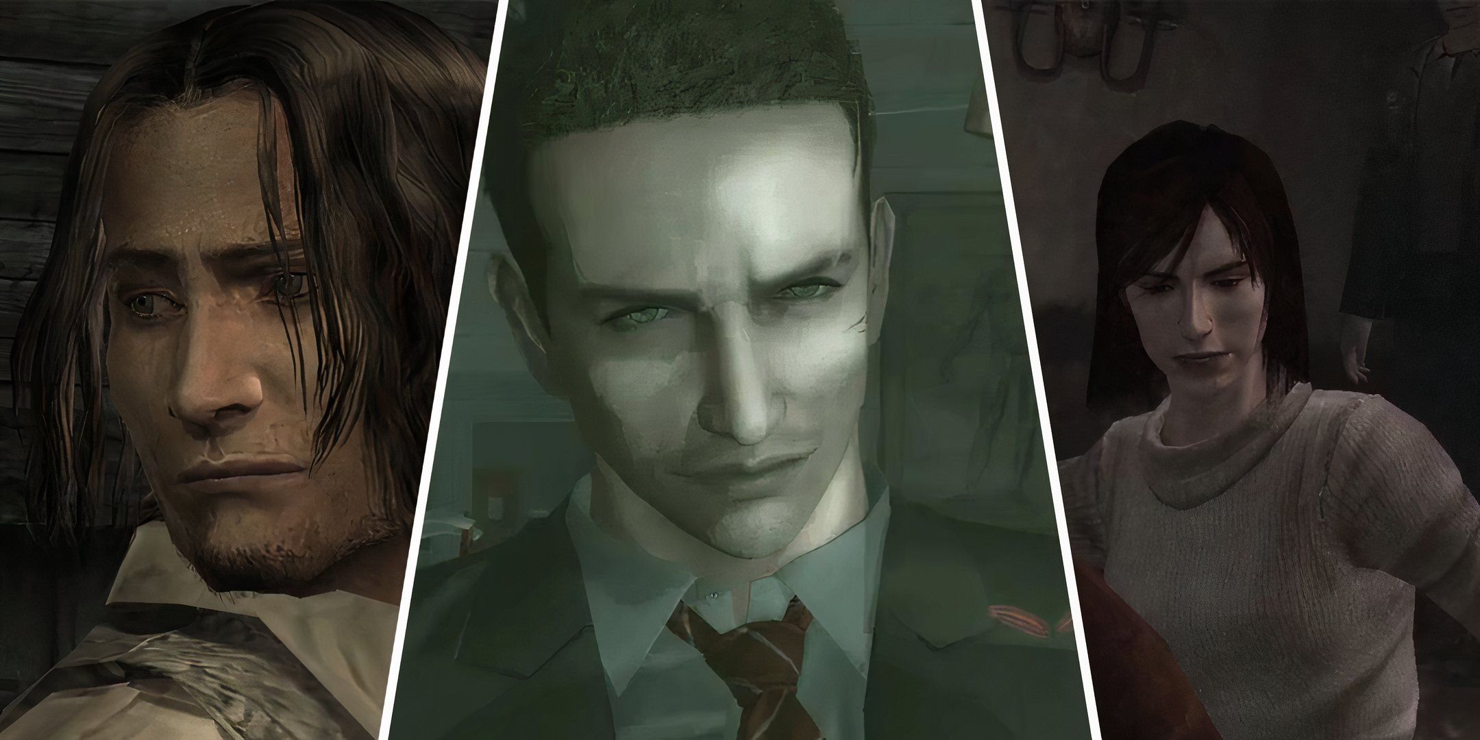 Split image featuring Luis Sera from Resident Evil 4, Francis York Morgan from Deadly Premonition, and Angela Orosco from Silent Hill 2.