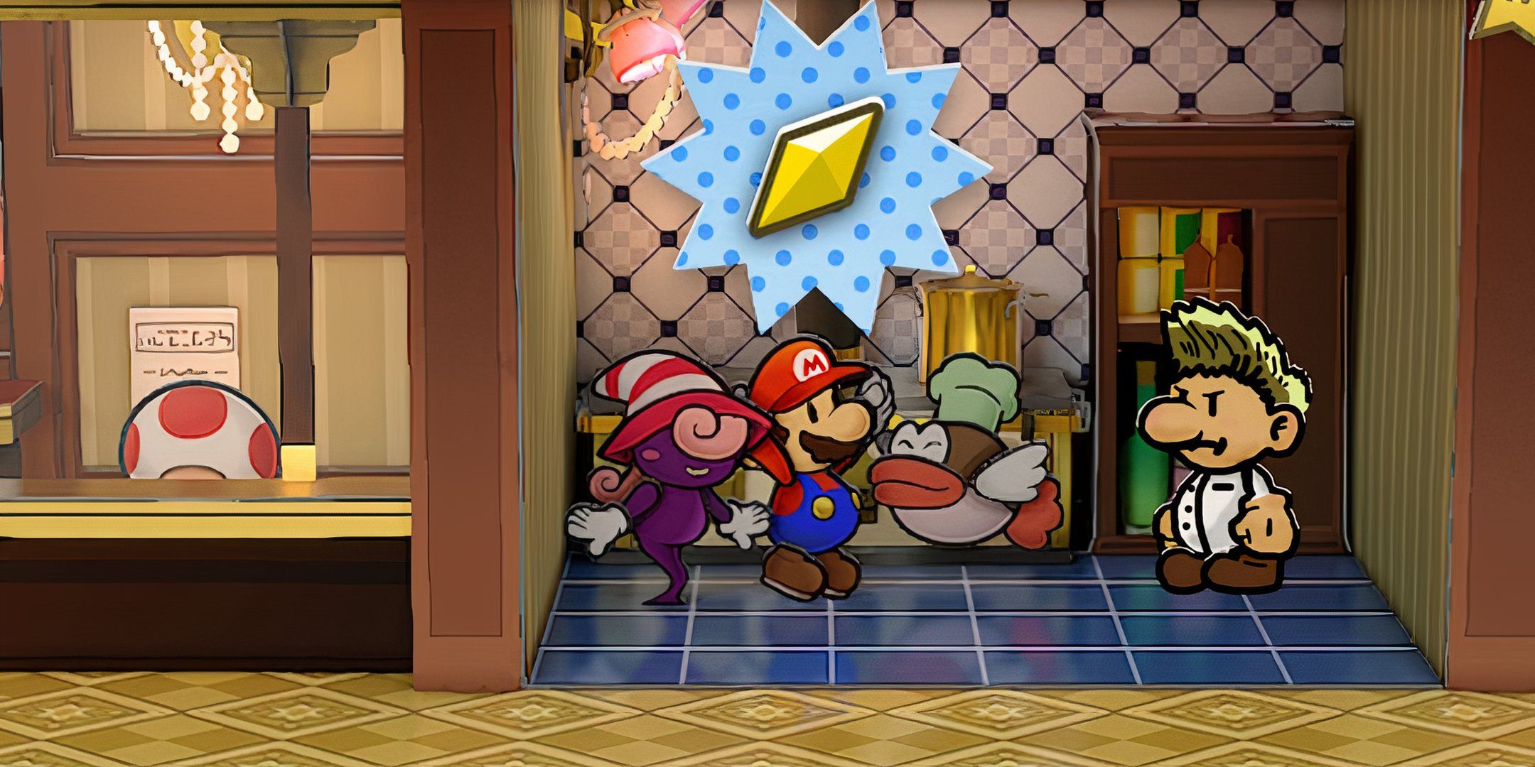 A Paper Mario style Gordon Ramsay stares with disapproval at Mario and Vivian, who are collecting a star piece in the kitchen on the Excess Express. 