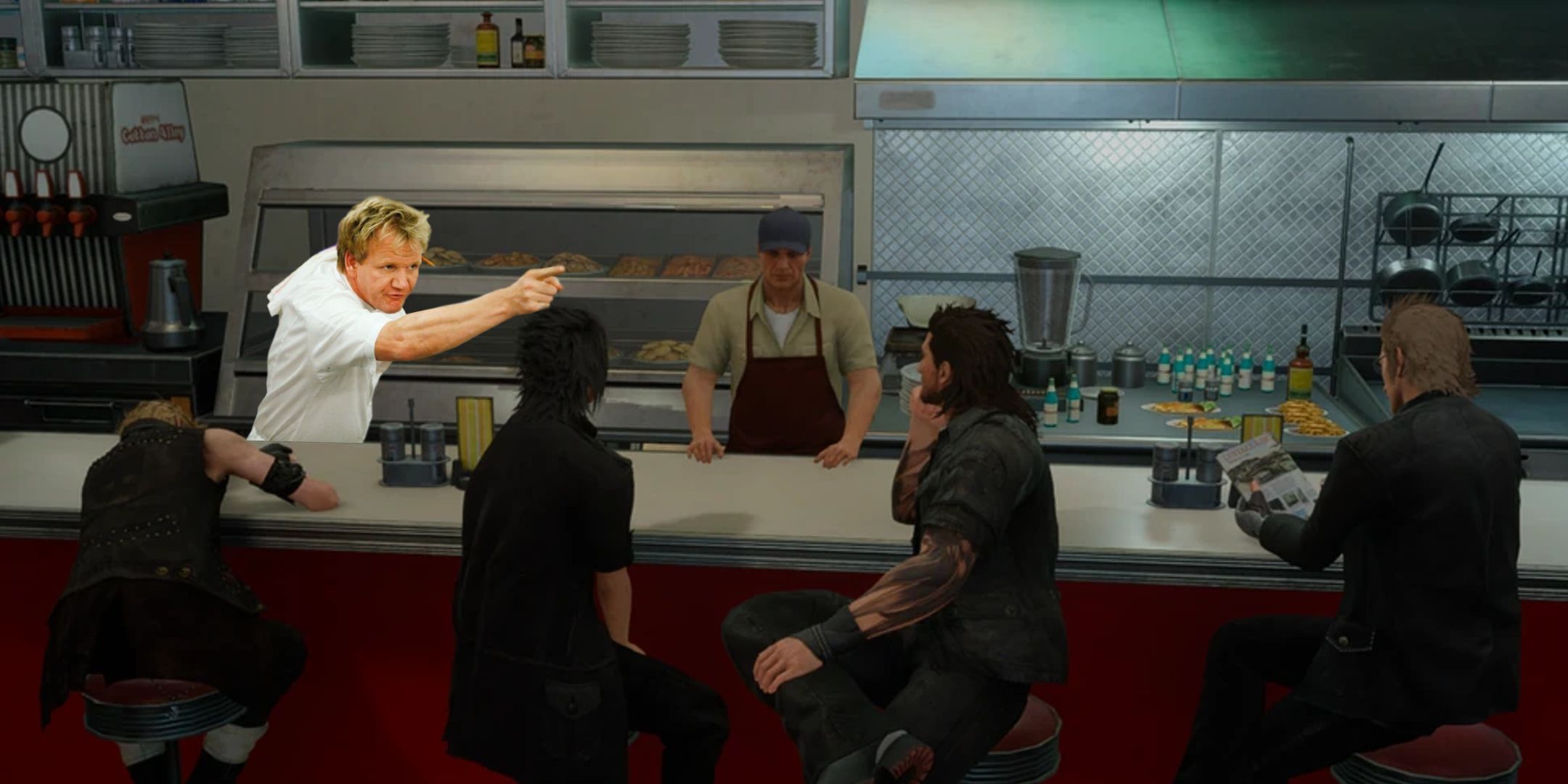 Gordon Ramsay points angrily at the chef in The Crow's Nest diner in Final Fantasy 15.