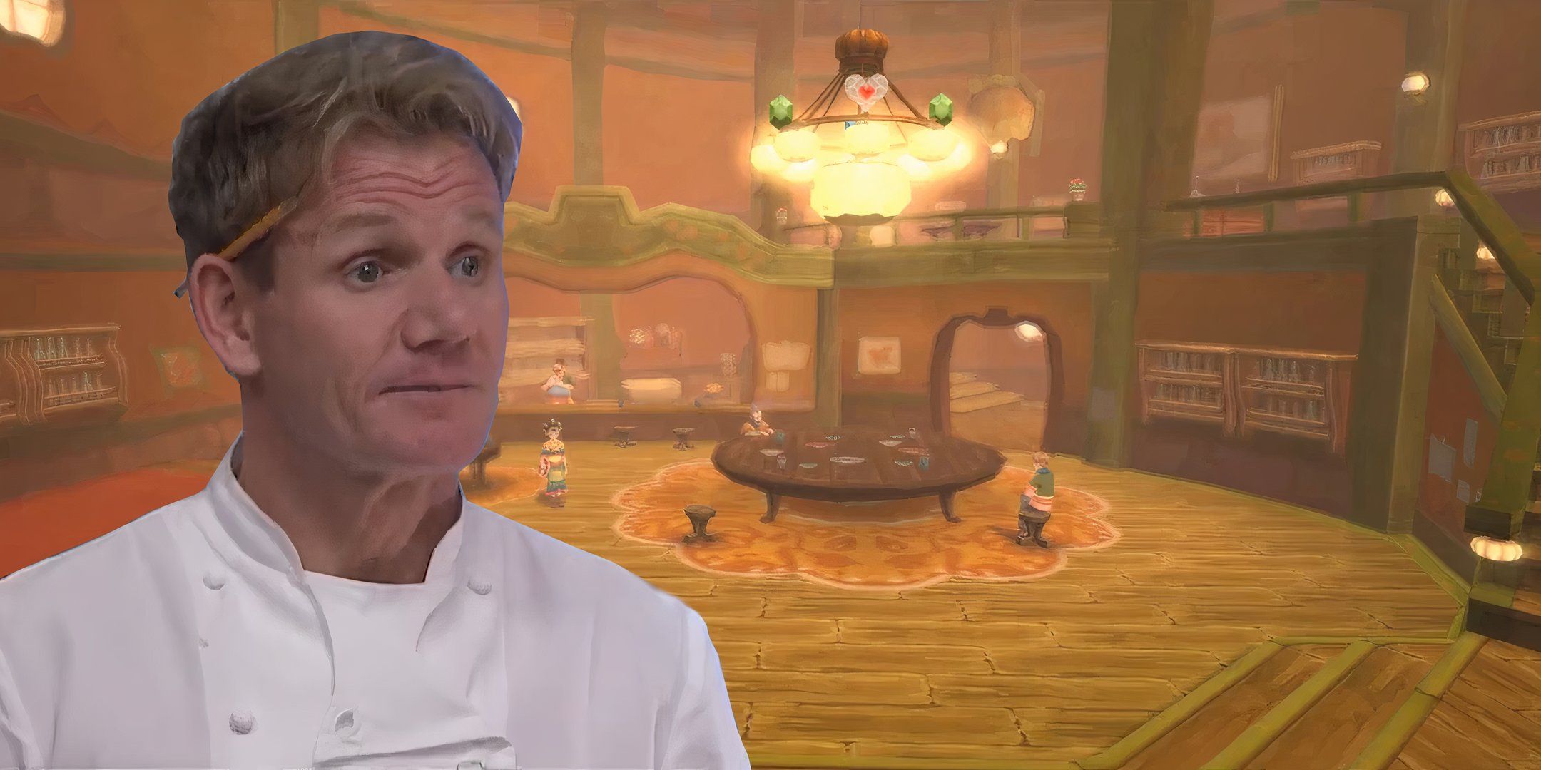 Ramsay looks in awe at the warm interior at The Lumpy Pumpkin restaurant from The Legend of Zelda Skyward Sword