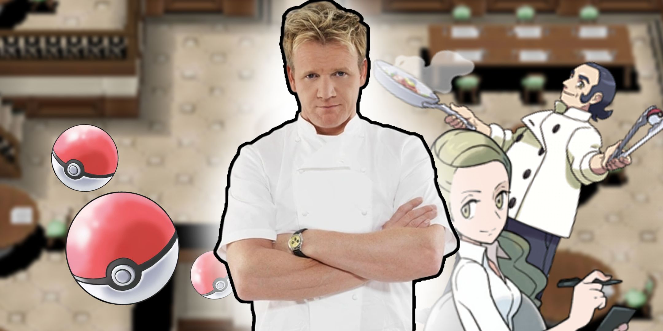 Gordon Ramsay is accompanied by images of Pokeballs, a waitress with long blonde hair, and a chef holding a Pokeball with a pair of tongs. 