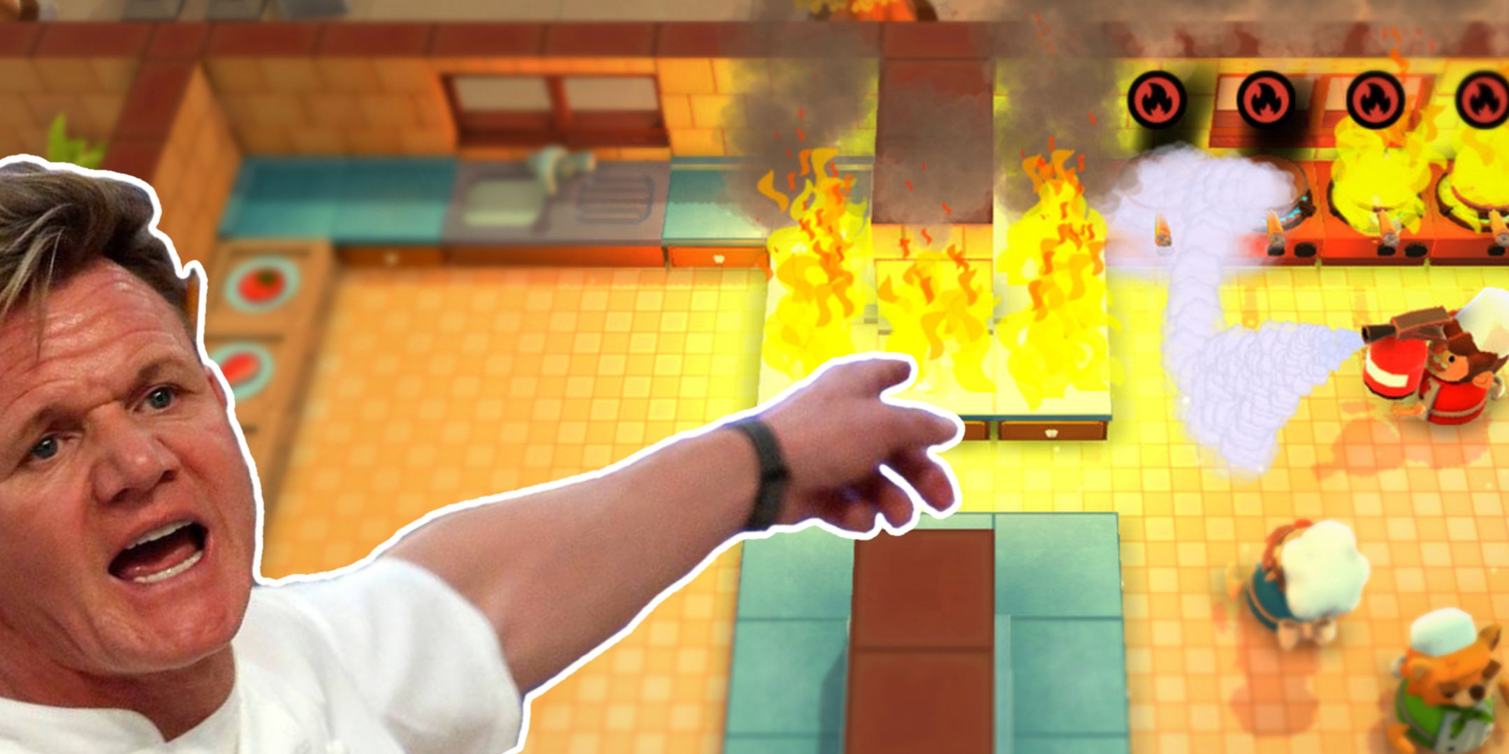 Gordon points and yells at a flaming kitchen in the video game Overcooked.