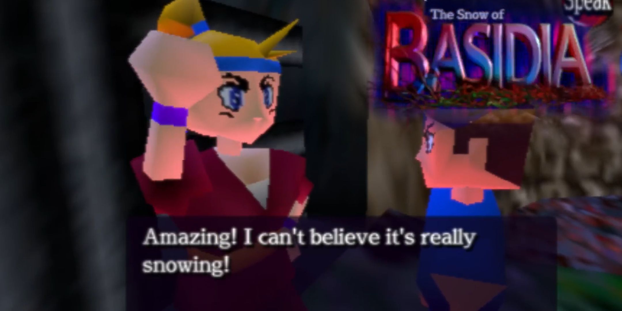 An N64 style 3D model of a girl says via textbox "amazing! I can't believe it's really snowing!" to a brown haired boy, with the game's dream-like logo in the top right corner.