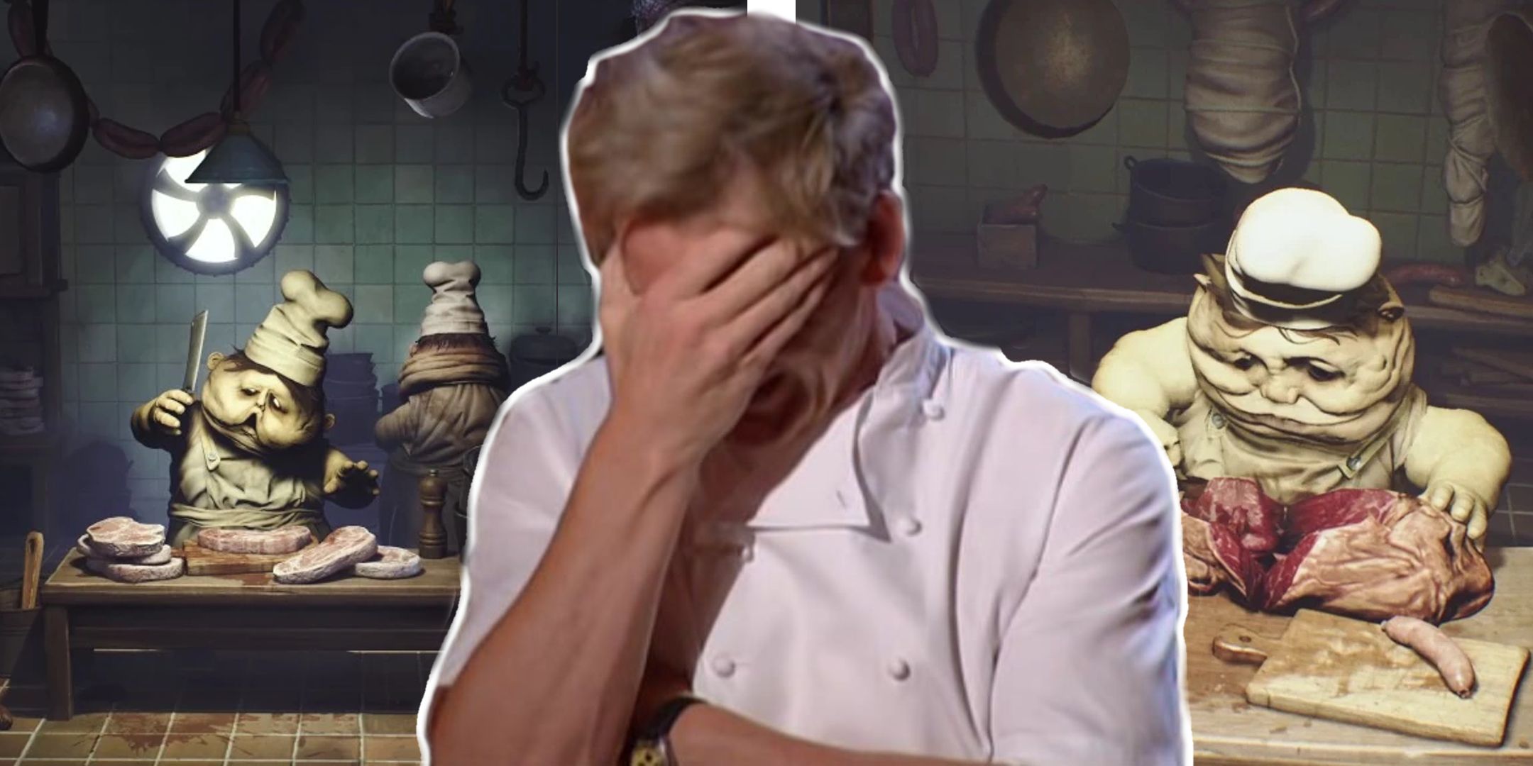 Gordon Ramsay facepalms over a split image featuring large chefs mutilating various kinds of meat in a filthy kitchen.