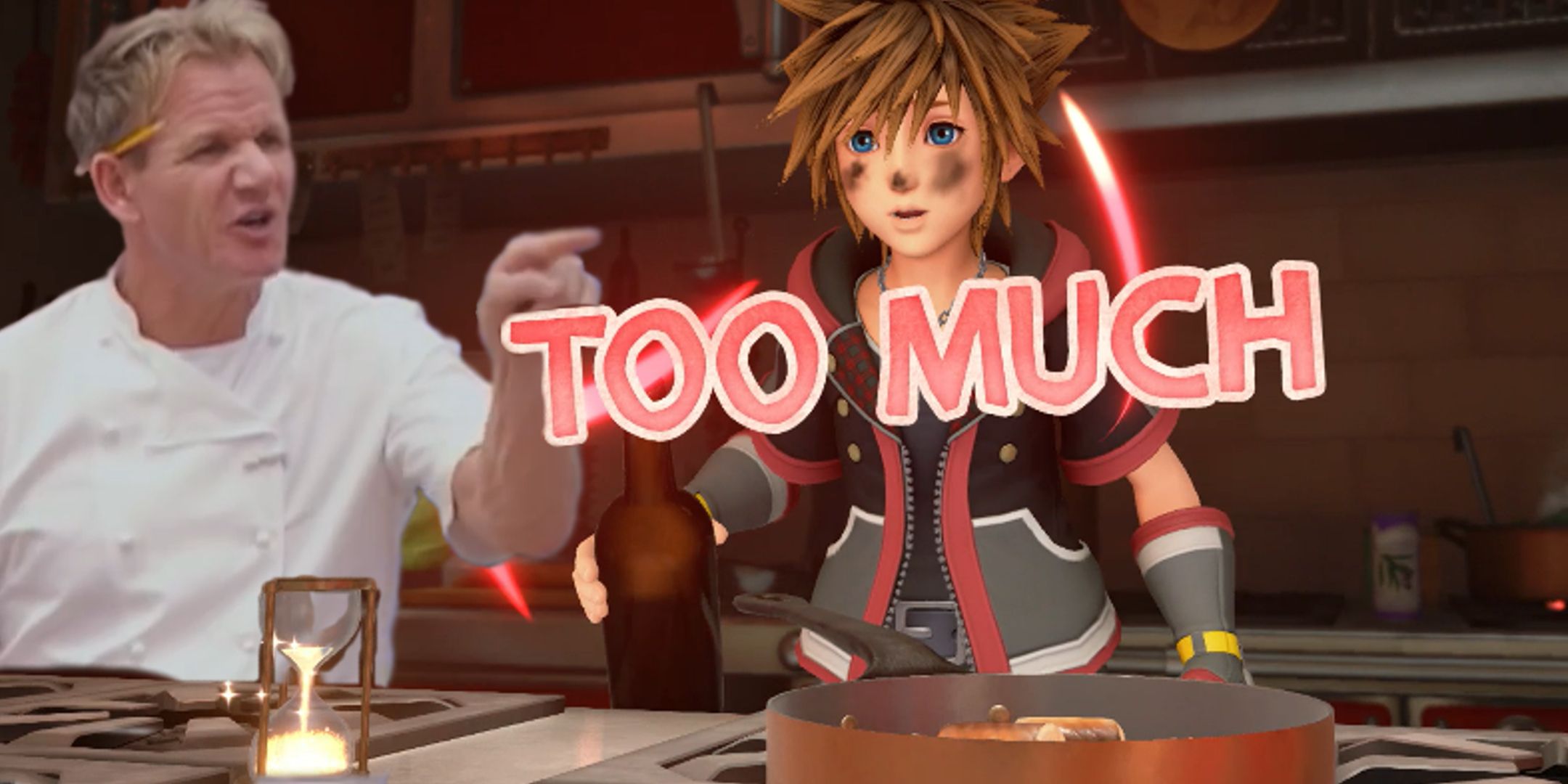 Chef Ramsay points and yells at Sora in Le Grand Bistro restaurant. Sora has burned the food, and pink text reading "too much" is in front of him.