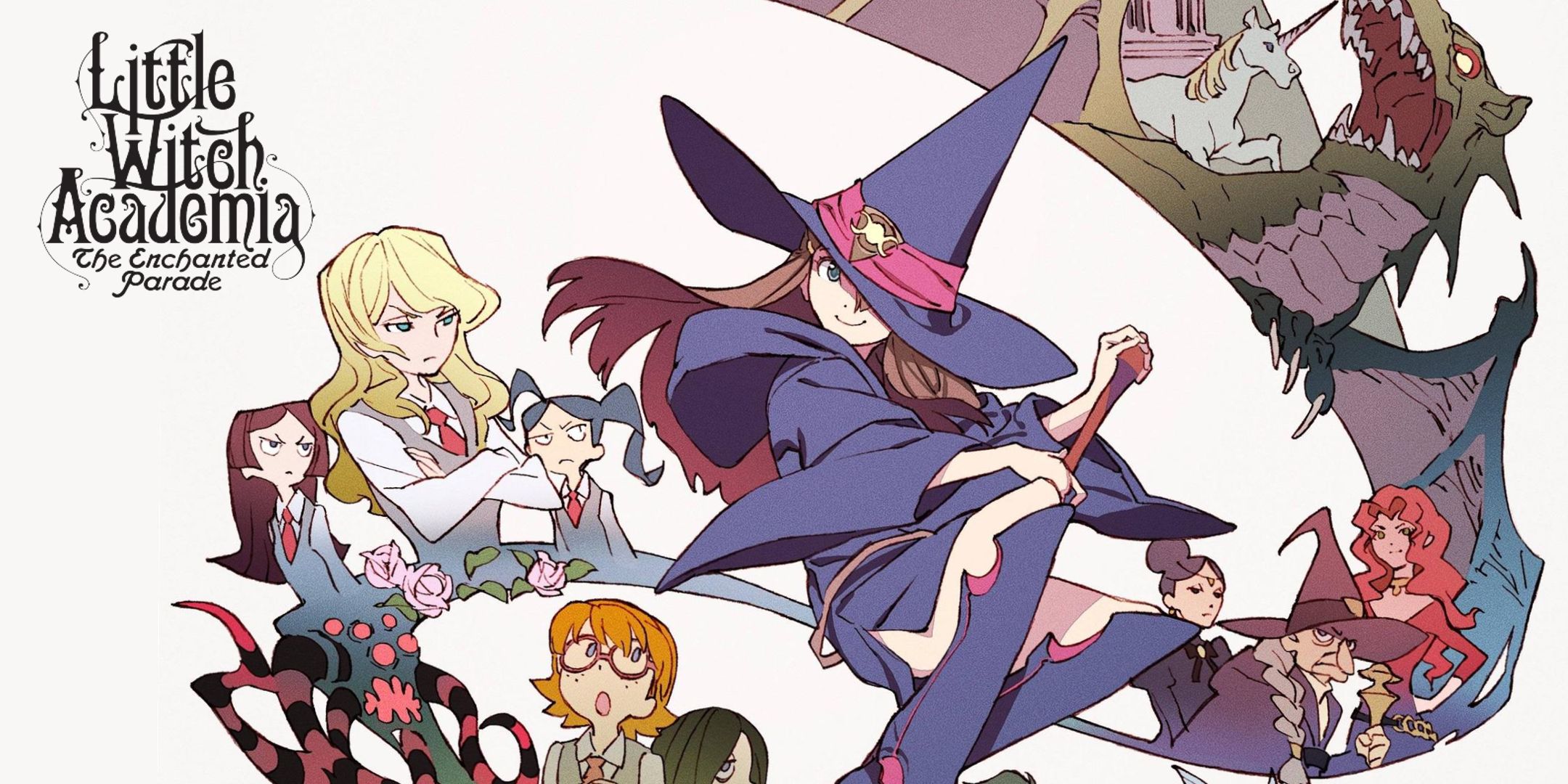 A young witch with long brown hair and a dull purple robe sits confidently and smiles at the camera, surrounded by various fantasy monsters, characters, and flowers.