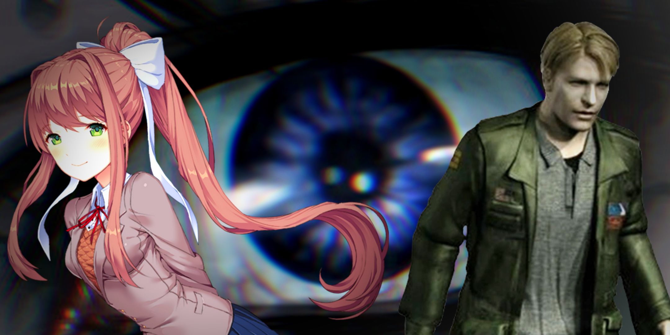 Monika from Doki Doki Literature Club and James Sunderland from Silent Hill 2 are seen in front of a large, panicked eye.