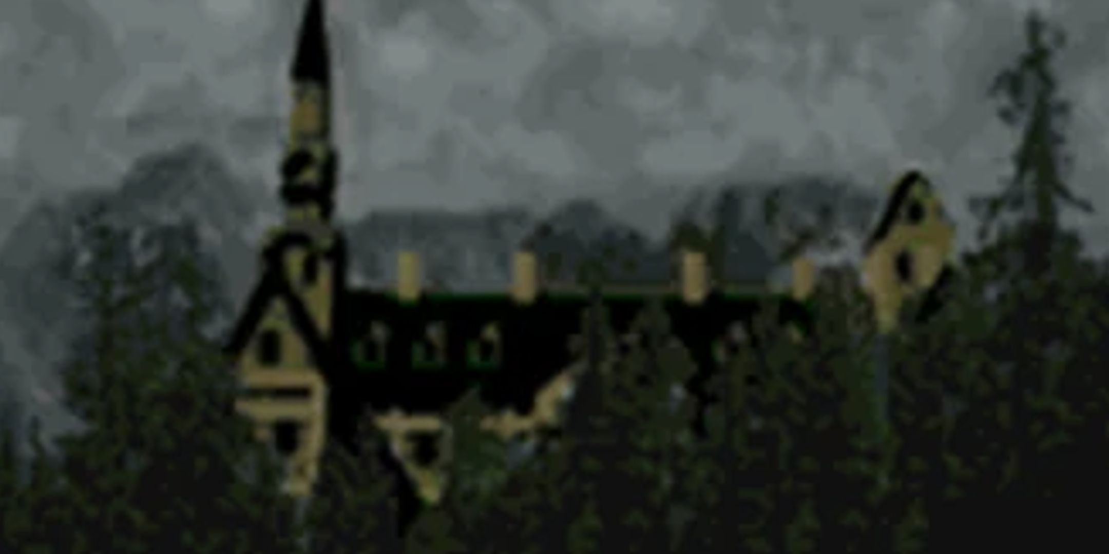 A ghostly manor with a large clock tower rises from behind a sea of pine trees under a menacing cloudy sky.