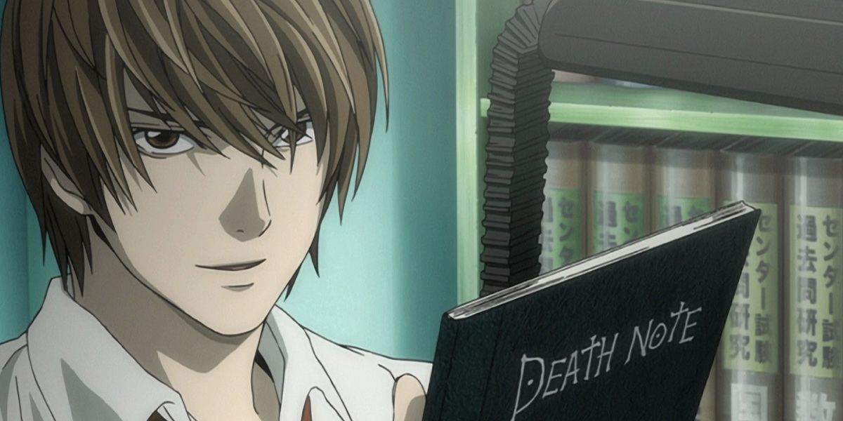 Light Yagami holds the Death Note, a black notebook.