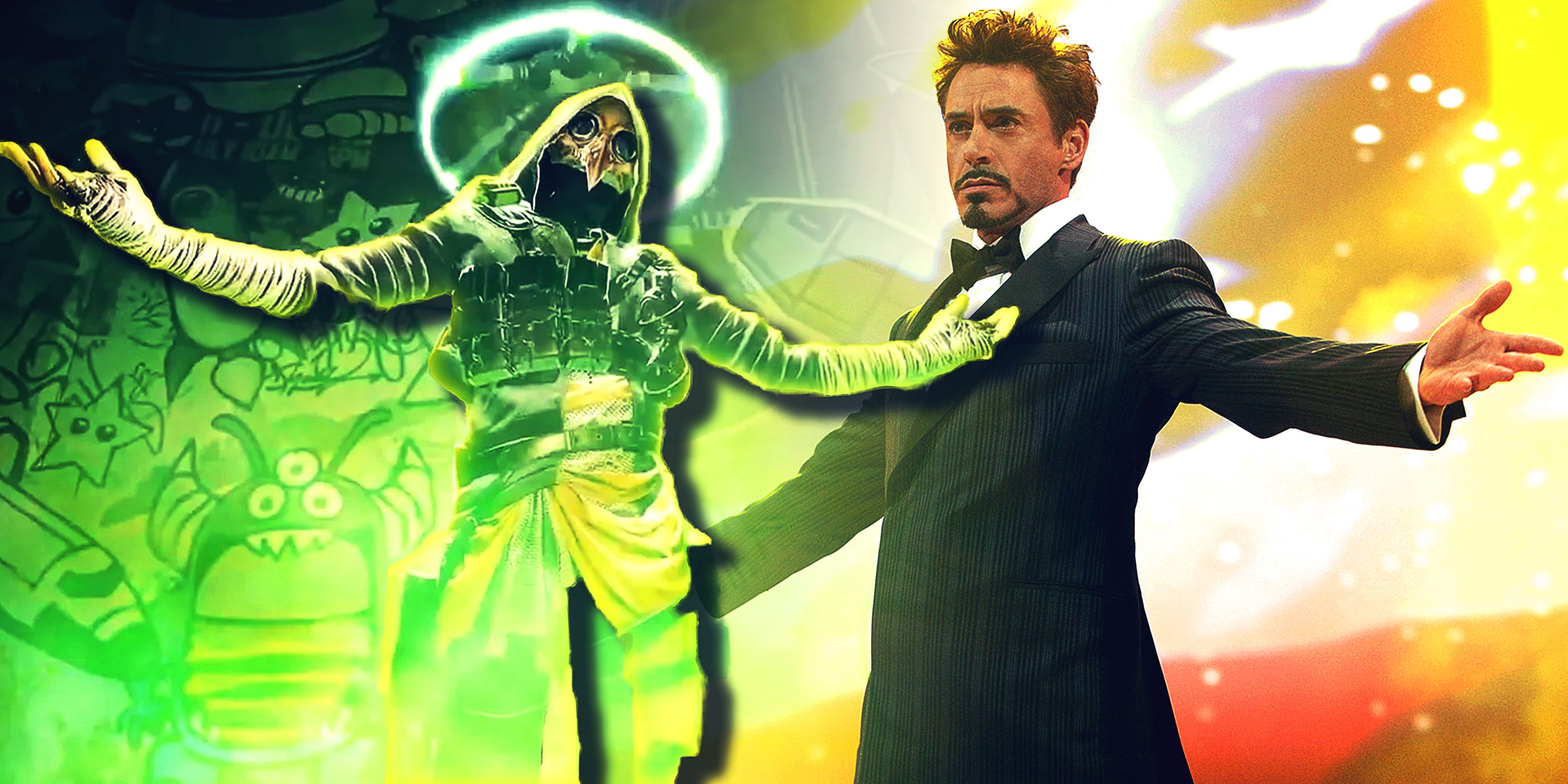 Robert Downey Jr. and a video game character from XDefiant with a green hat and green glow