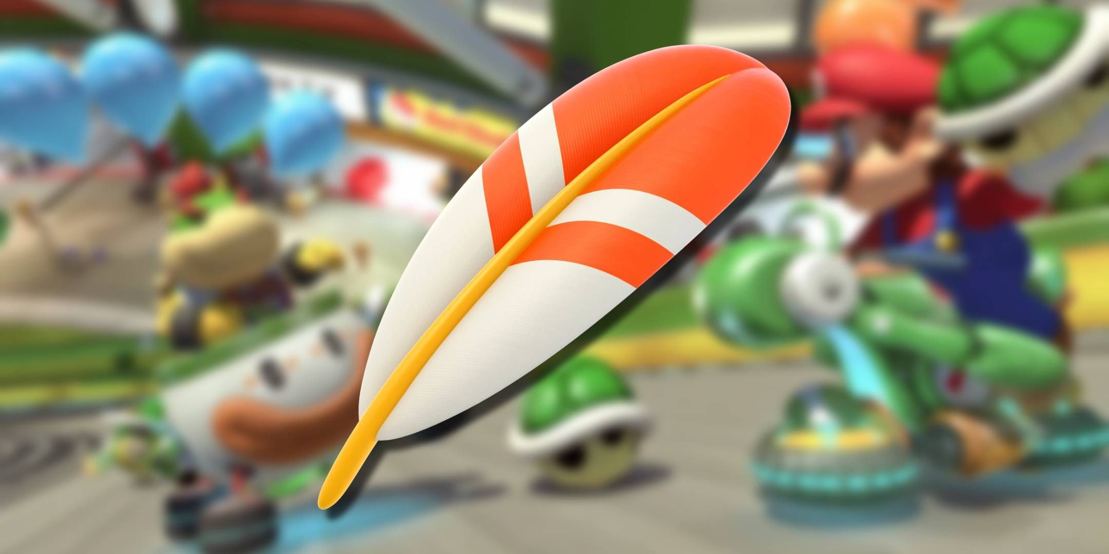 A feather from Mario Kart 8 Deluxe over an image of Mario and Bowser Jr in Battle Mode