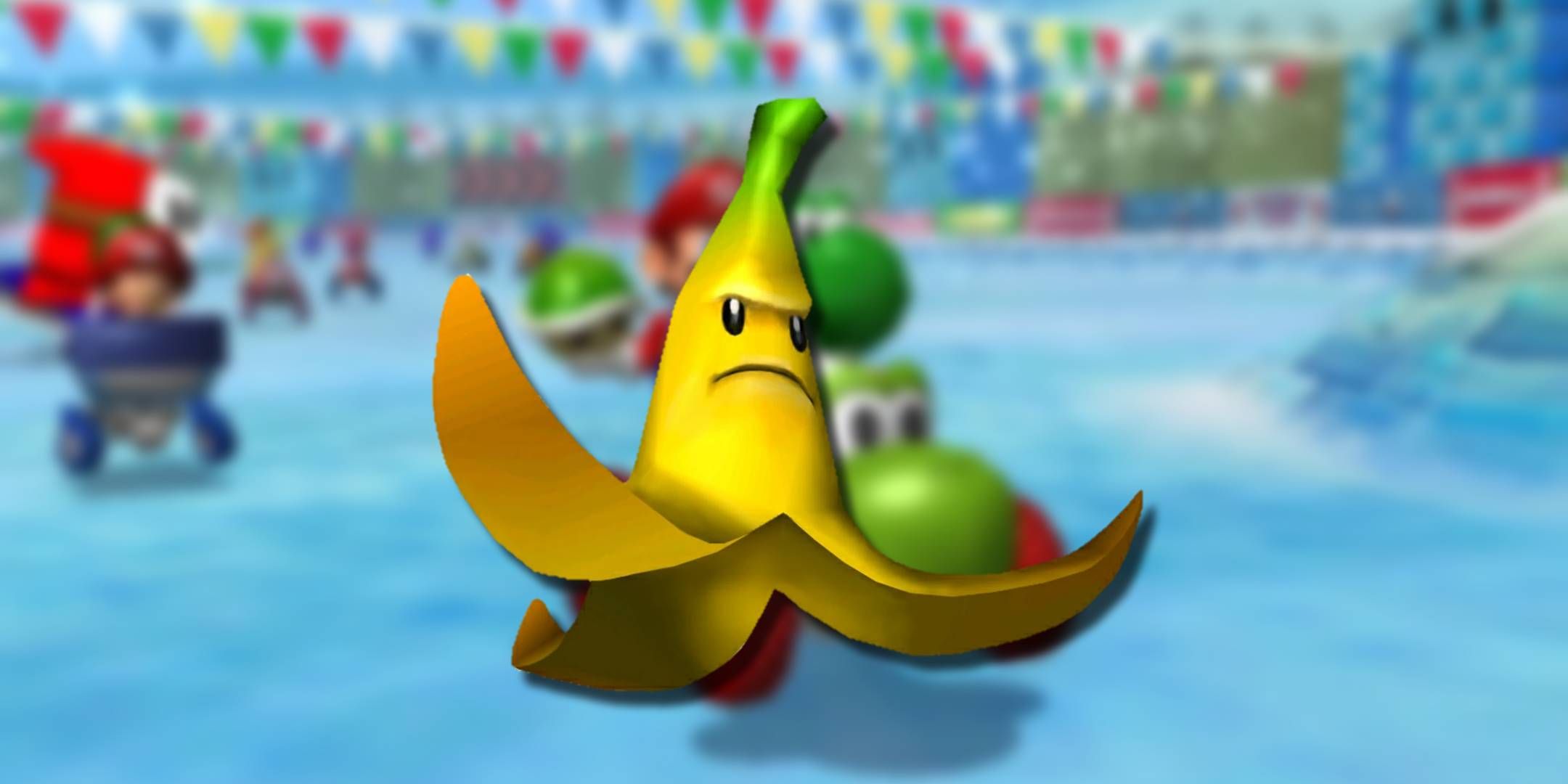 A Giant Banana item from Mario Kart Double Dash in front of an image of Mario and Yoshi on a kart in the game